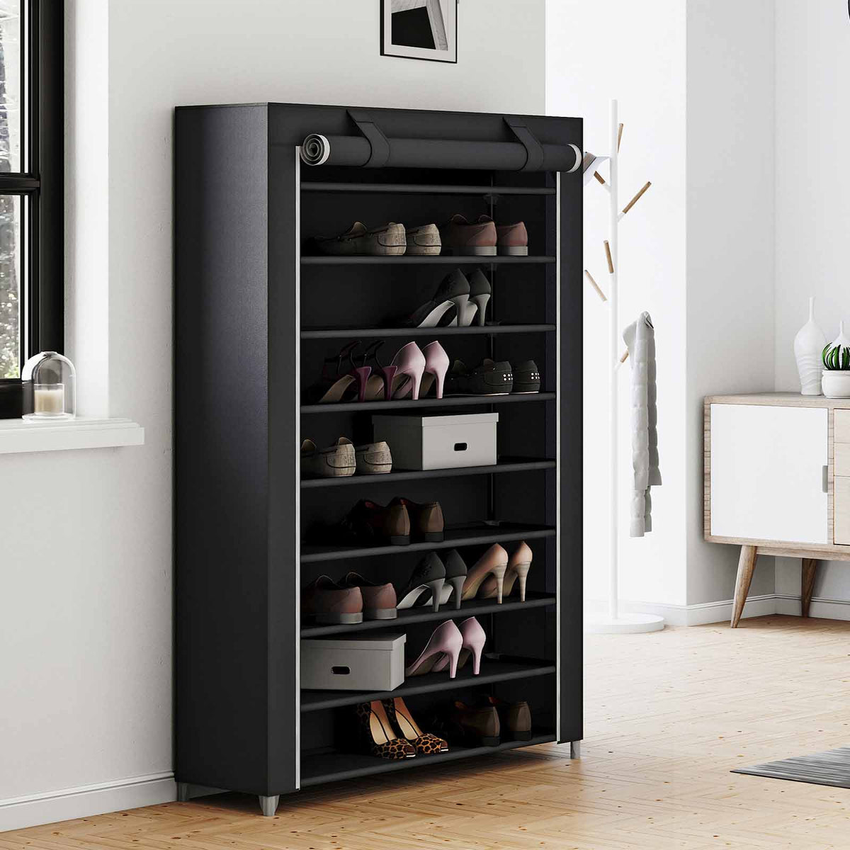 Schuhschrank mit Stoffbezug – 10 Ebenen – Für 45 Paar Schuhe – Mit Reißverschlusstür und Seitenfächern