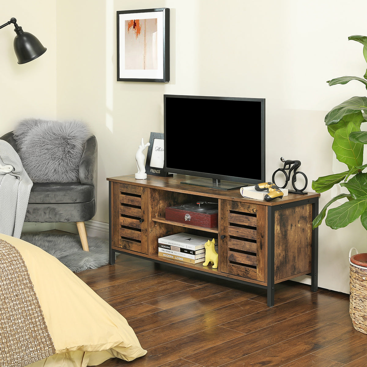 Vintage-TV-Schrank mit Lamellentüren - Fernsehschrank mit Stauraum - verstellbares Regal