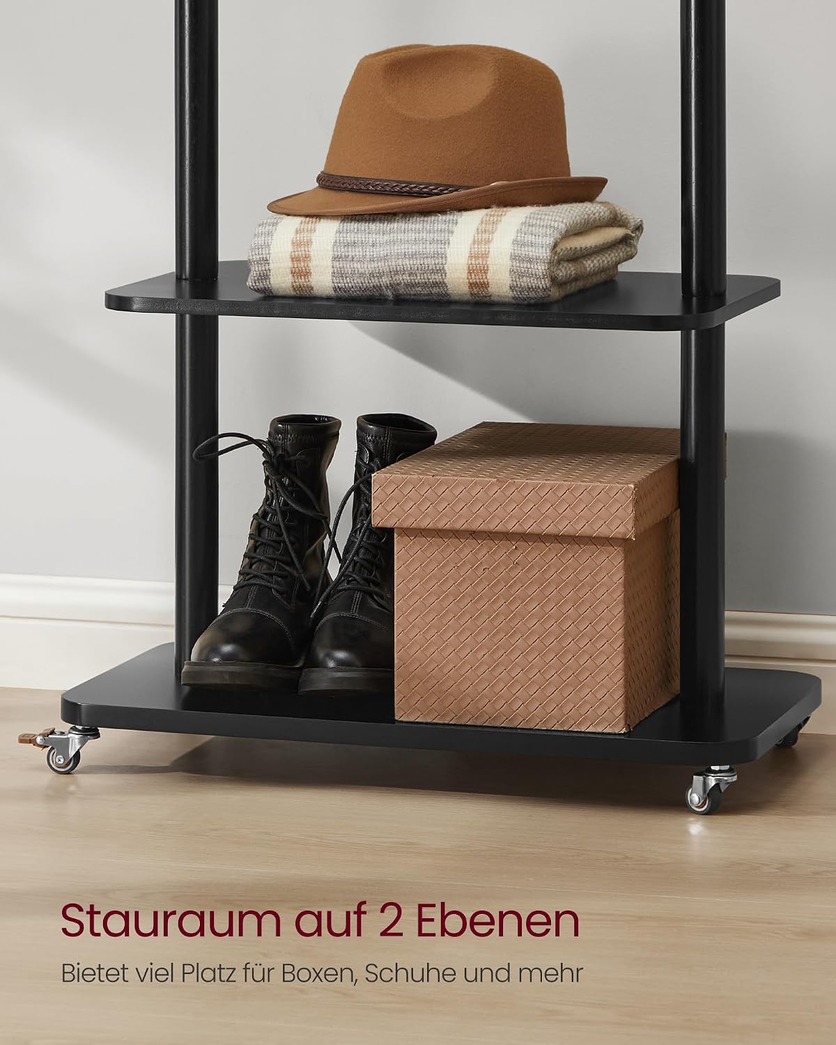 Garderobenständer aus Massivholz auf Rollen – 7 Haken, Kleiderstange & 2 Ablagen – 178 cm