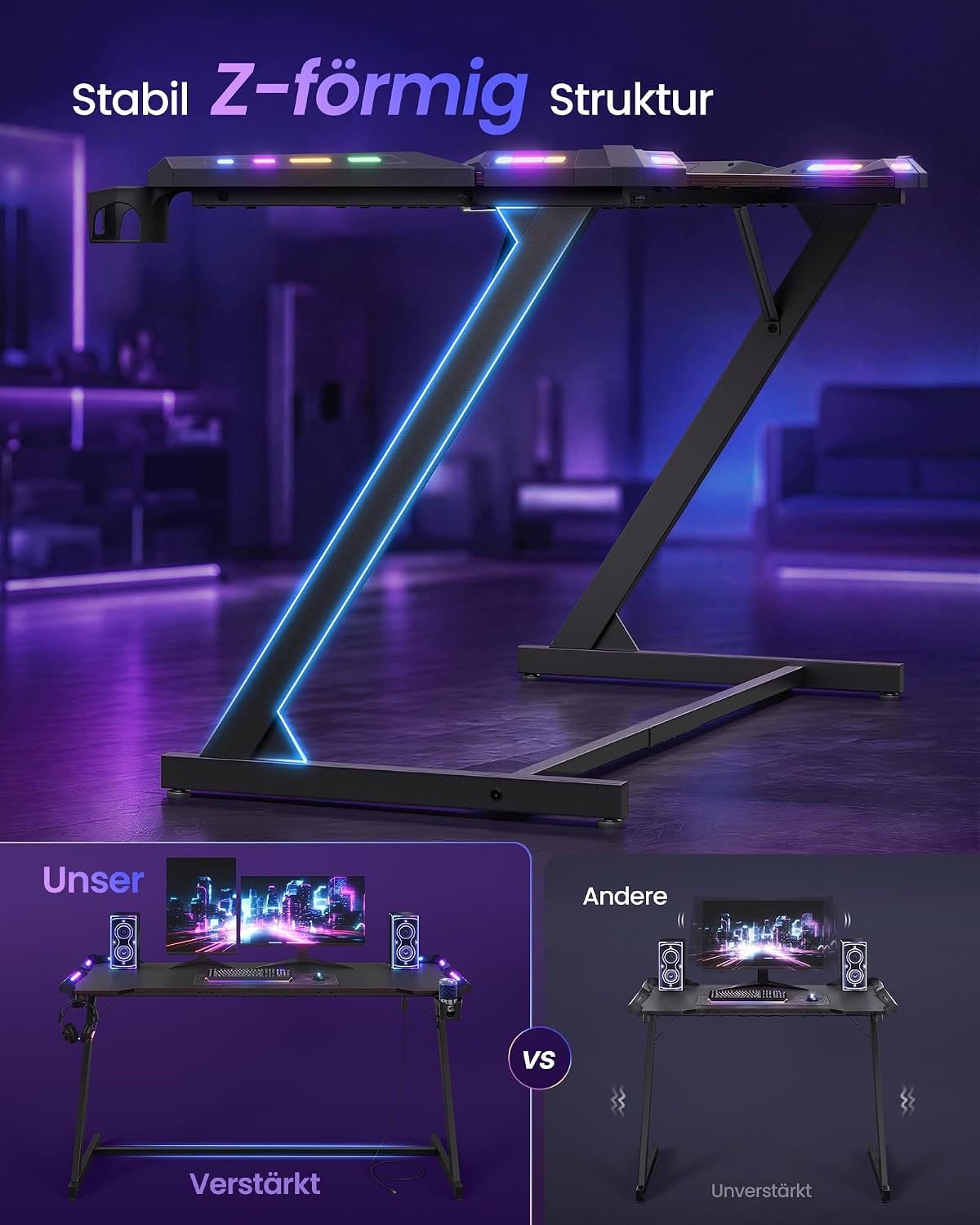 Gaming-Tisch mit RGB-LED-Beleuchtung – Z-förmiger Stahlrahmen – Tischplatte in Carbon-Optik – Getränkehalter & Kopfhörerhaken