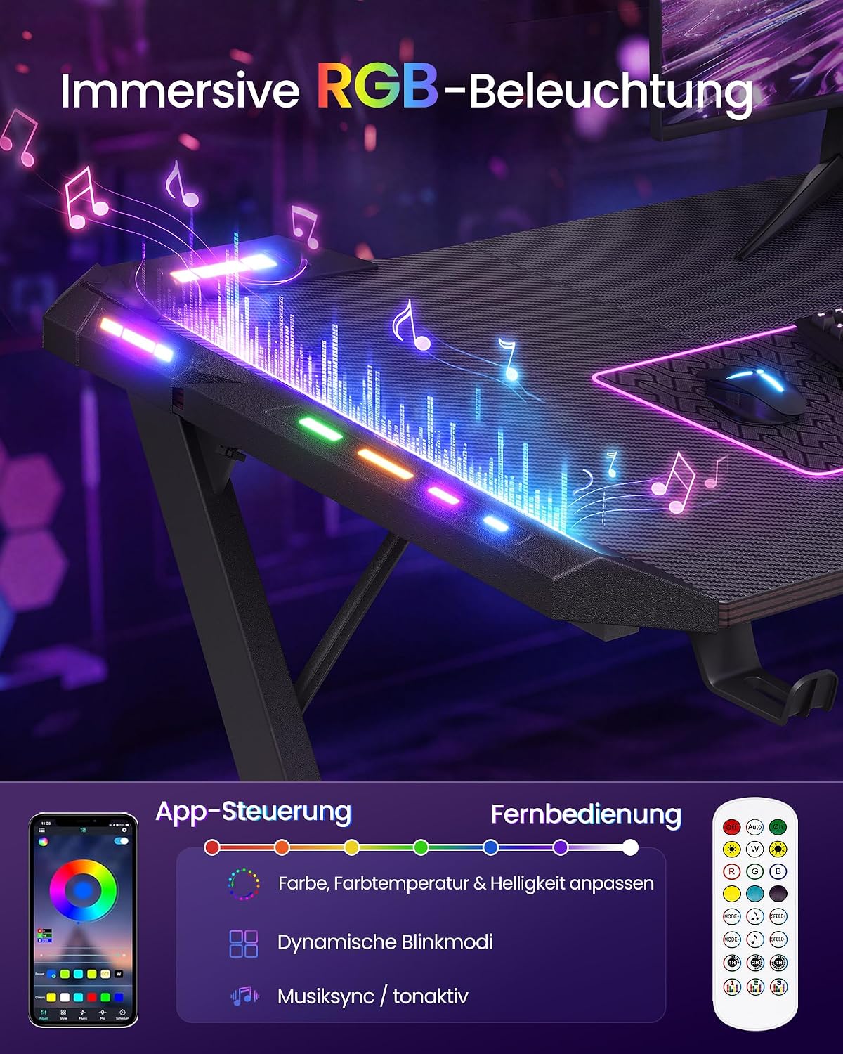 Gaming-Tisch mit RGB-LED-Beleuchtung – Z-förmiger Stahlrahmen – Tischplatte in Carbon-Optik – Getränkehalter & Kopfhörerhaken