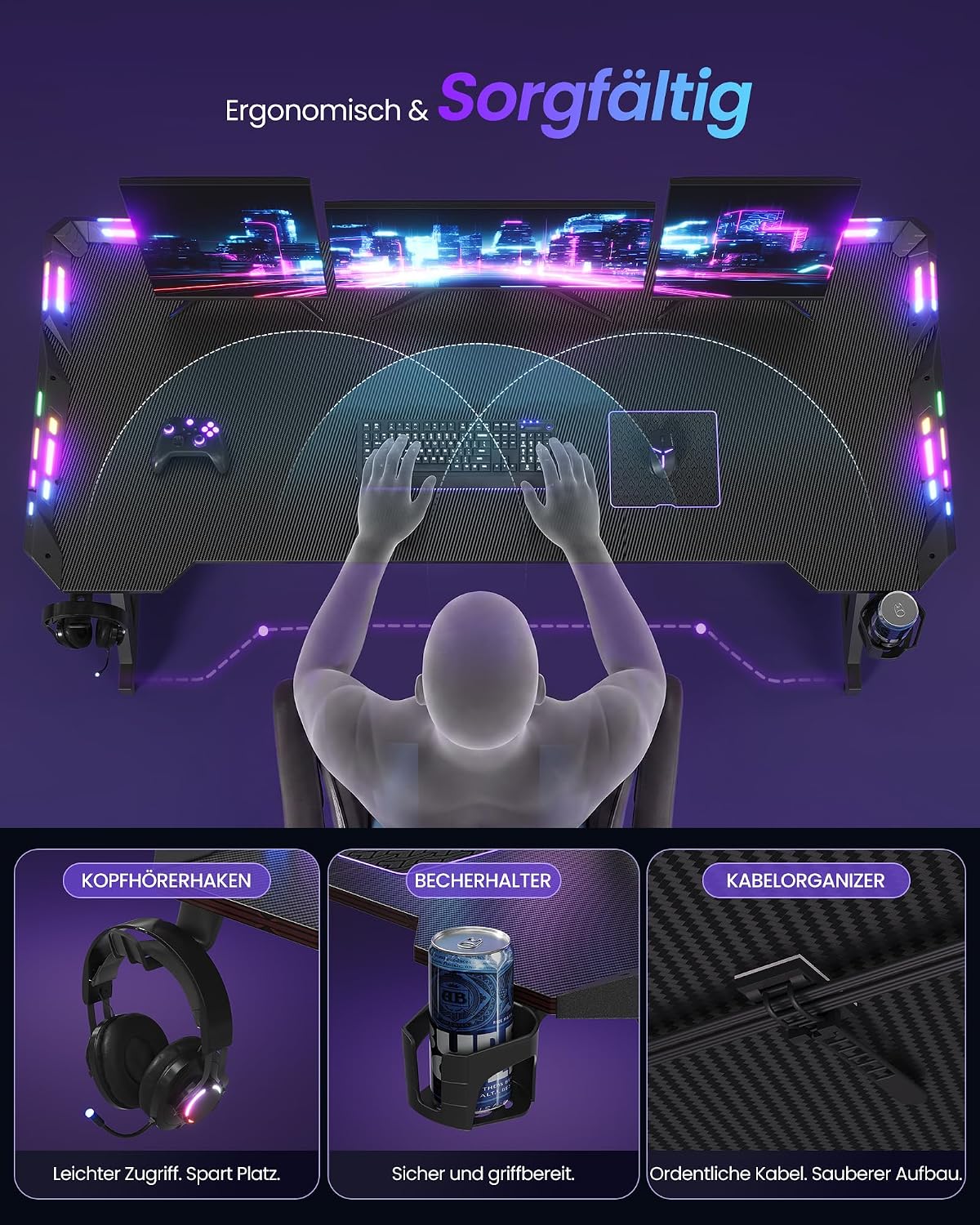 Gaming-Tisch mit RGB-LED-Beleuchtung – Z-förmiger Stahlrahmen – Tischplatte in Carbon-Optik – Getränkehalter & Kopfhörerhaken