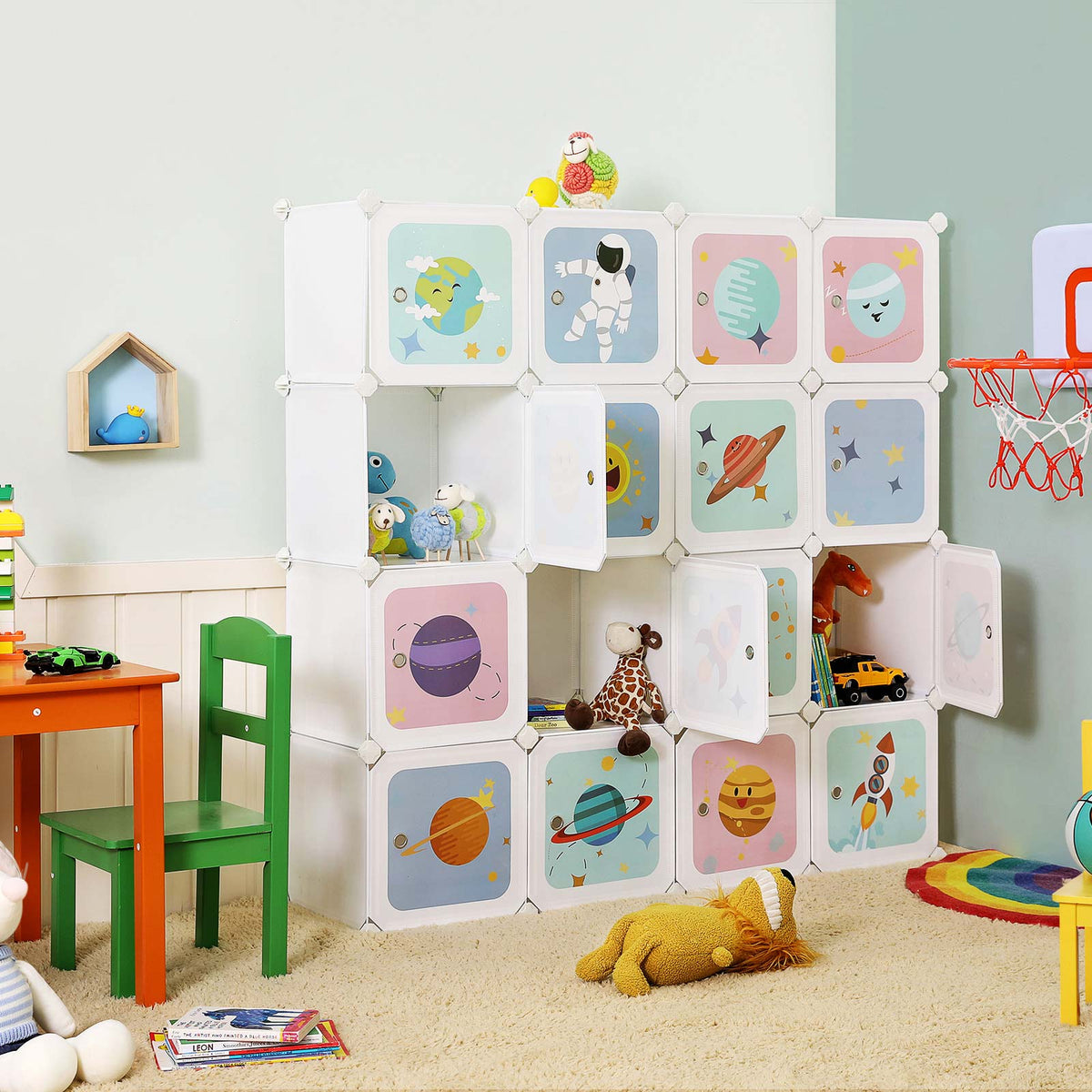 Würfelregal mit Weltraummotiv – Kinderkleiderschrank mit 16 Fächern – inkl. Türen, Hammer- und Kippschutz – 123 x 123 cm
