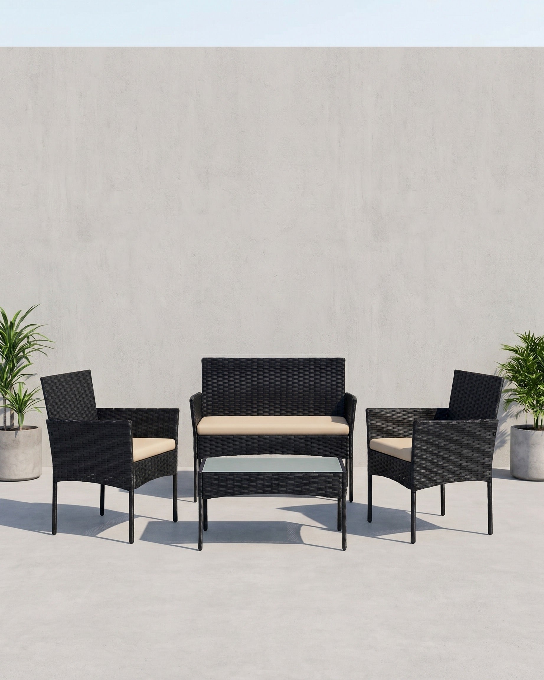 Rattanoptik Gartenset - Balkonset - Gartenstühle mit Tisch – Schwarz / Taupe