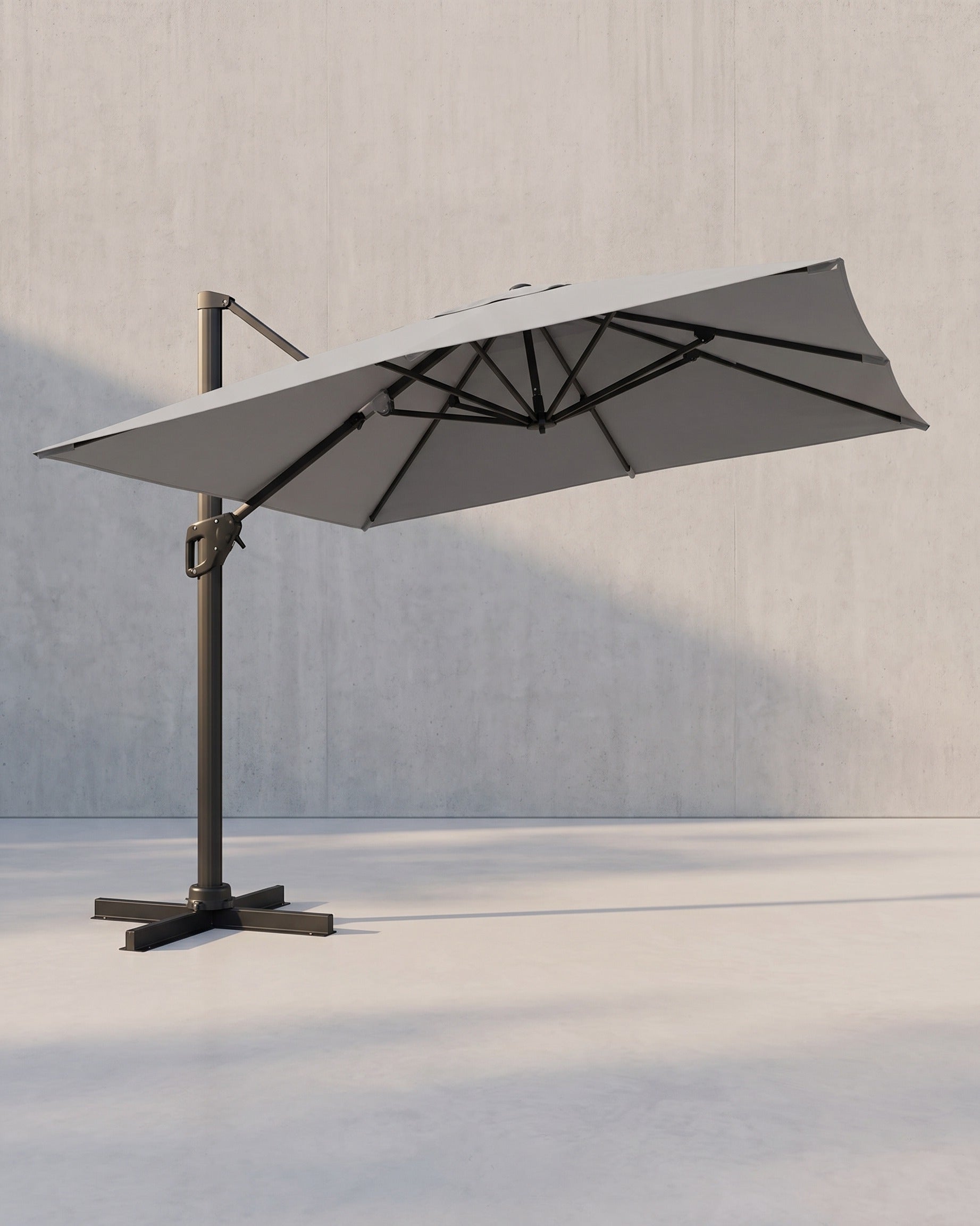 Freiarm-Sonnenschirm 290 x 290 cm – 360° drehbar – Neigungswinkel verstellbar – UPF 50+ – mit Ständer und Schutzhülle – Grau