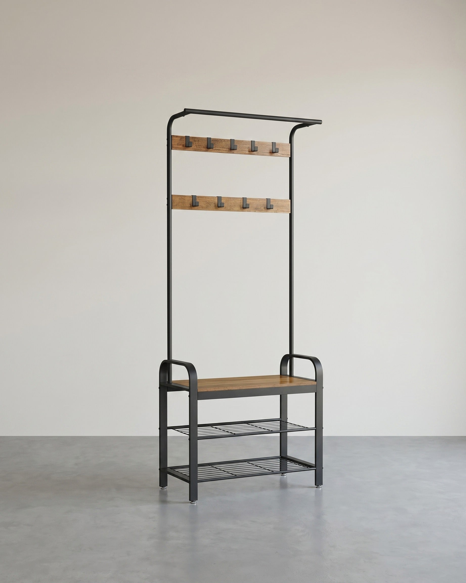 Garderobe mit Schuhregal – Industriedesign – Holz & Metall – Walnussbraun
