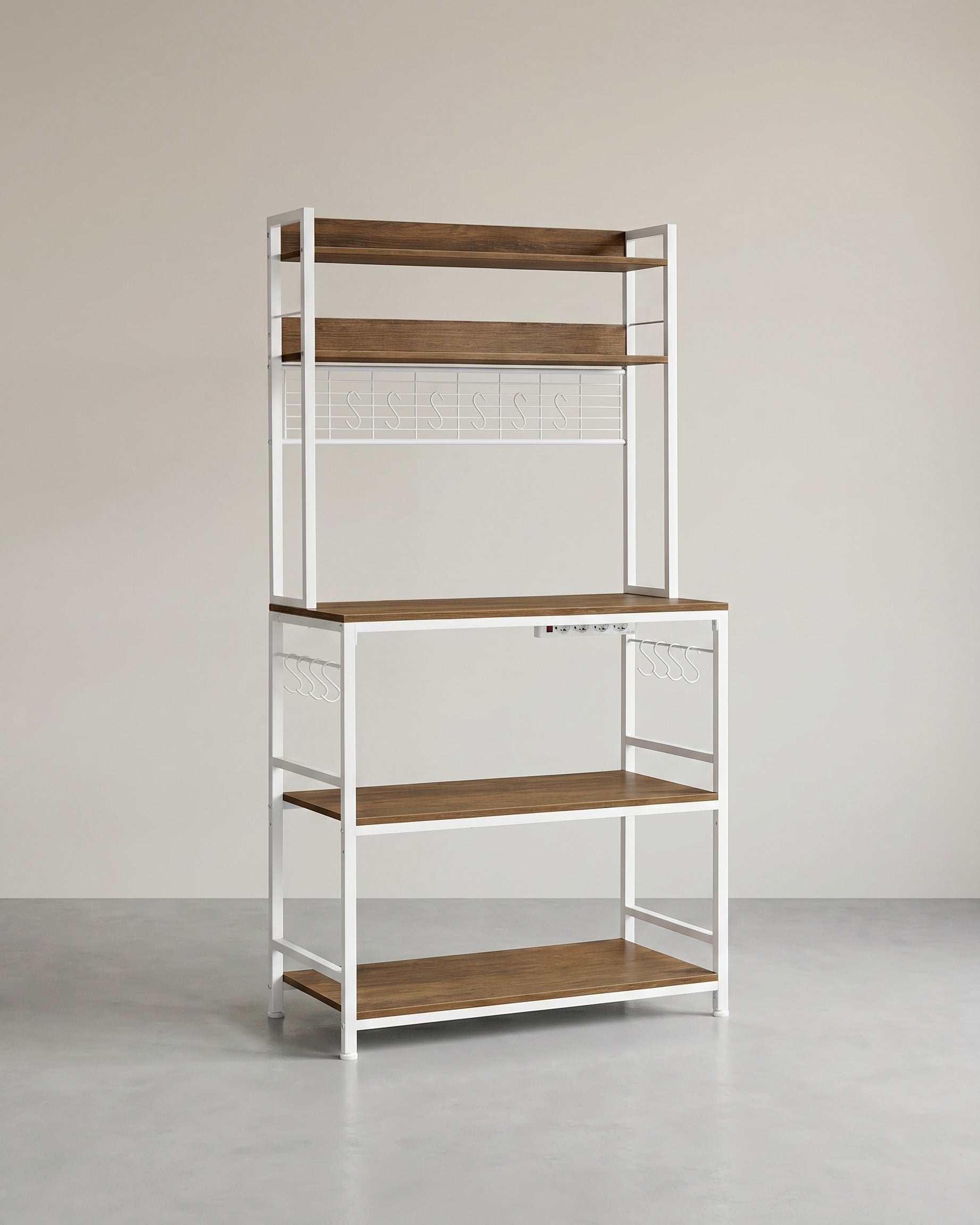 Küchenregal mit Steckdosen – 5 verstellbare Böden – 80 oder 100 cm breit – Haken inklusive – Nussbaum