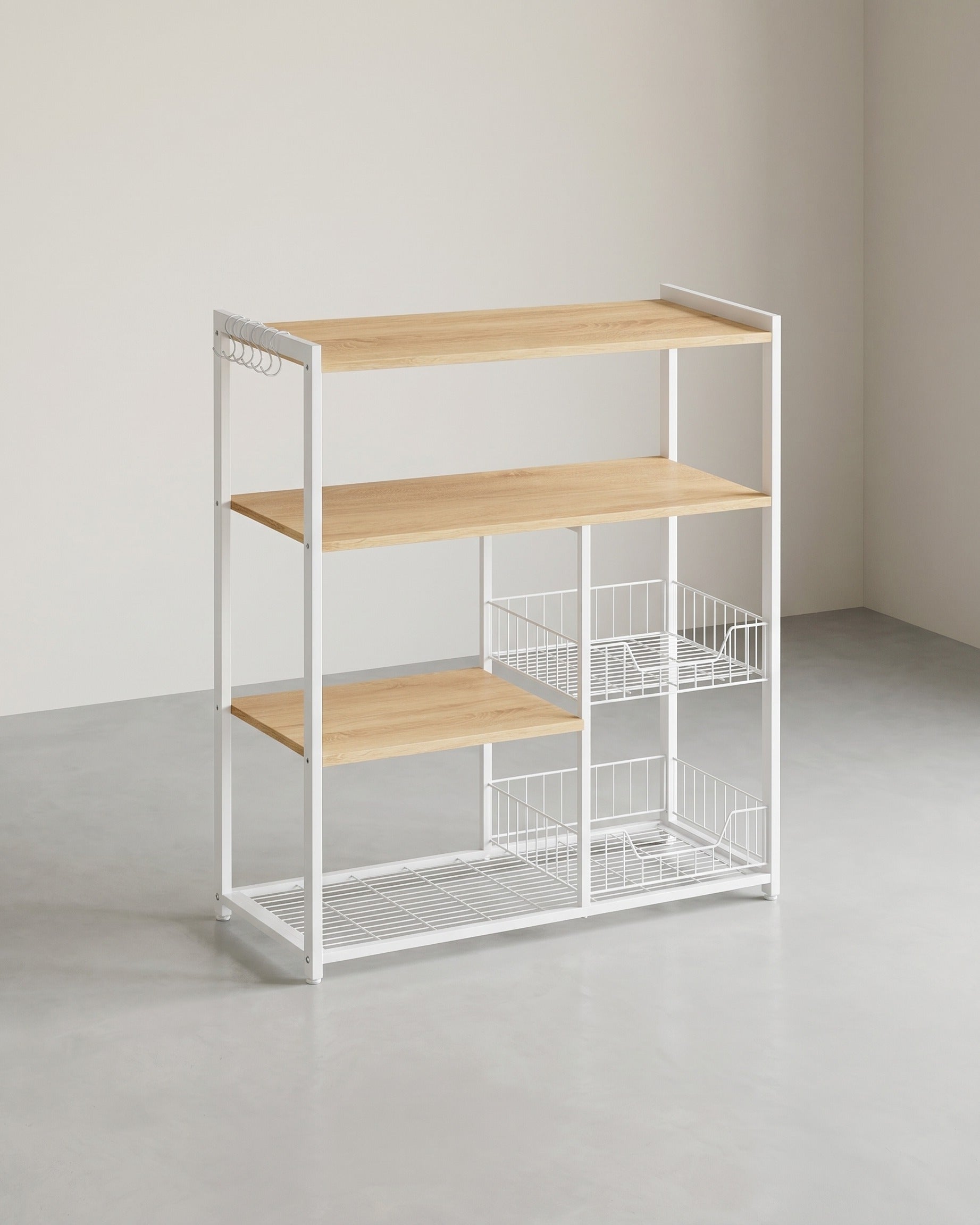 Küchenregal – Standregal – 2 Metallkörbe – Haken und Böden – 35 x 80 x 95 cm – Spanplatte und Stahl