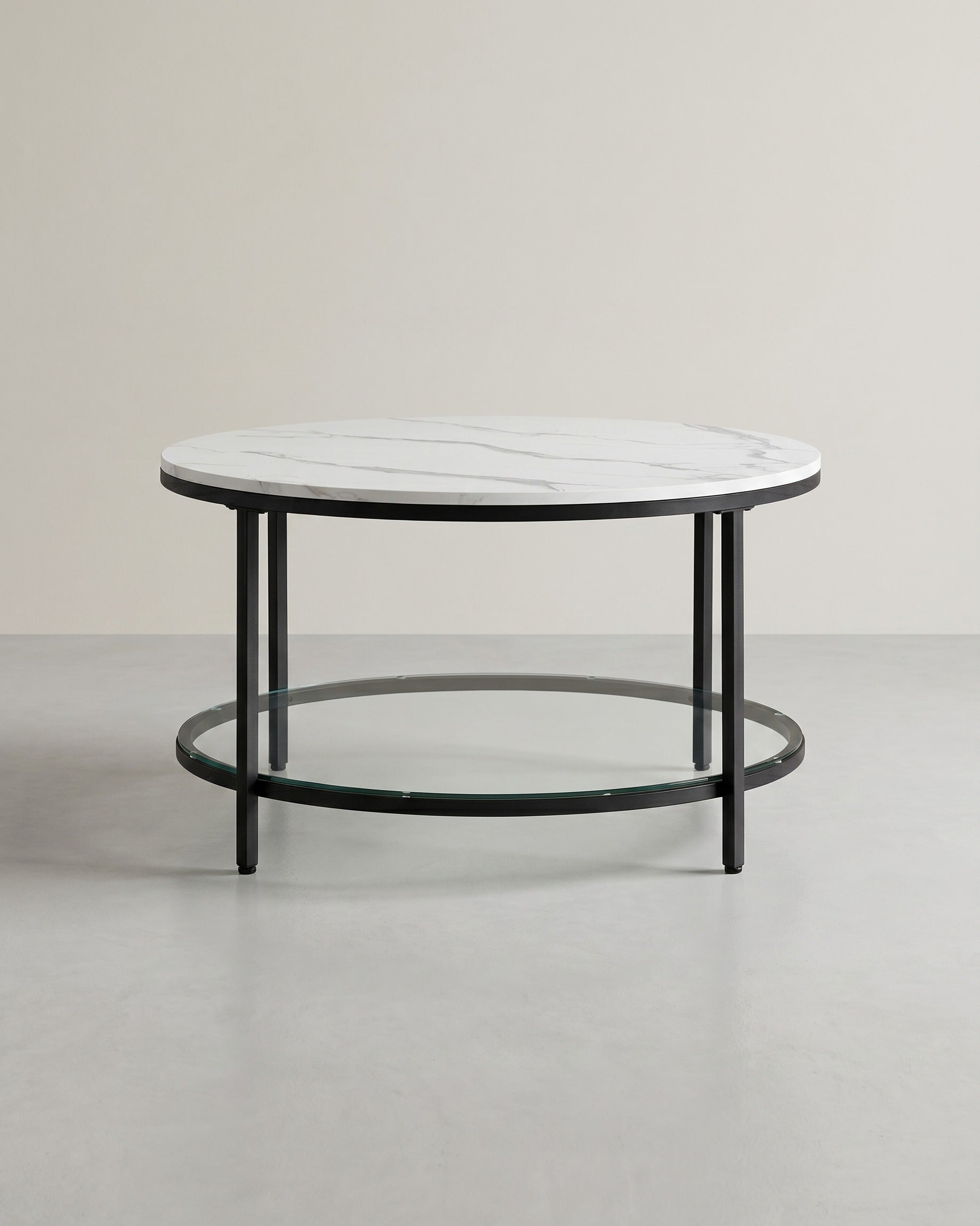 Couchtisch mit Tischplatte in Marmoroptik – Glasplatte – doppelte Stellfläche – Schwarz