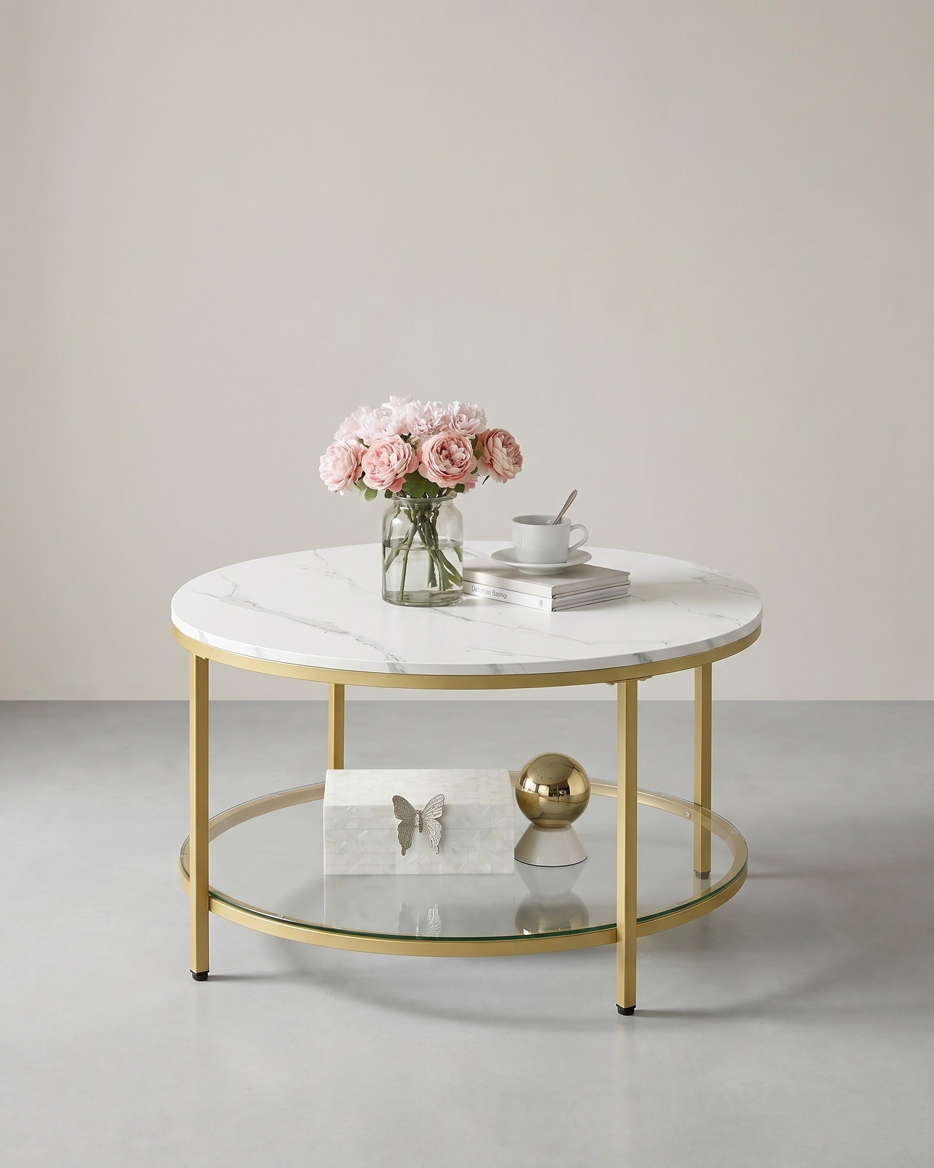 Couchtisch mit Tischplatte in Marmoroptik – Glasplatte – doppelte Stellfläche – Weiß / Gold