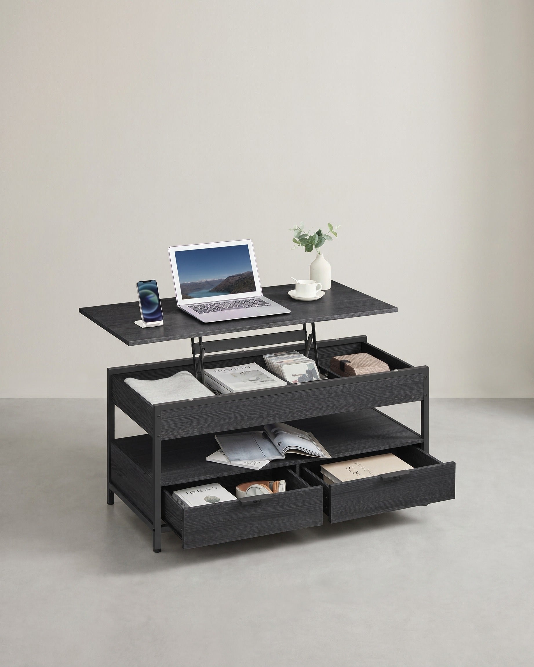 Couchtisch mit verstellbarer Tischplatte – Industriedesign – 100 cm breit – mit Stauraum – Schwarz