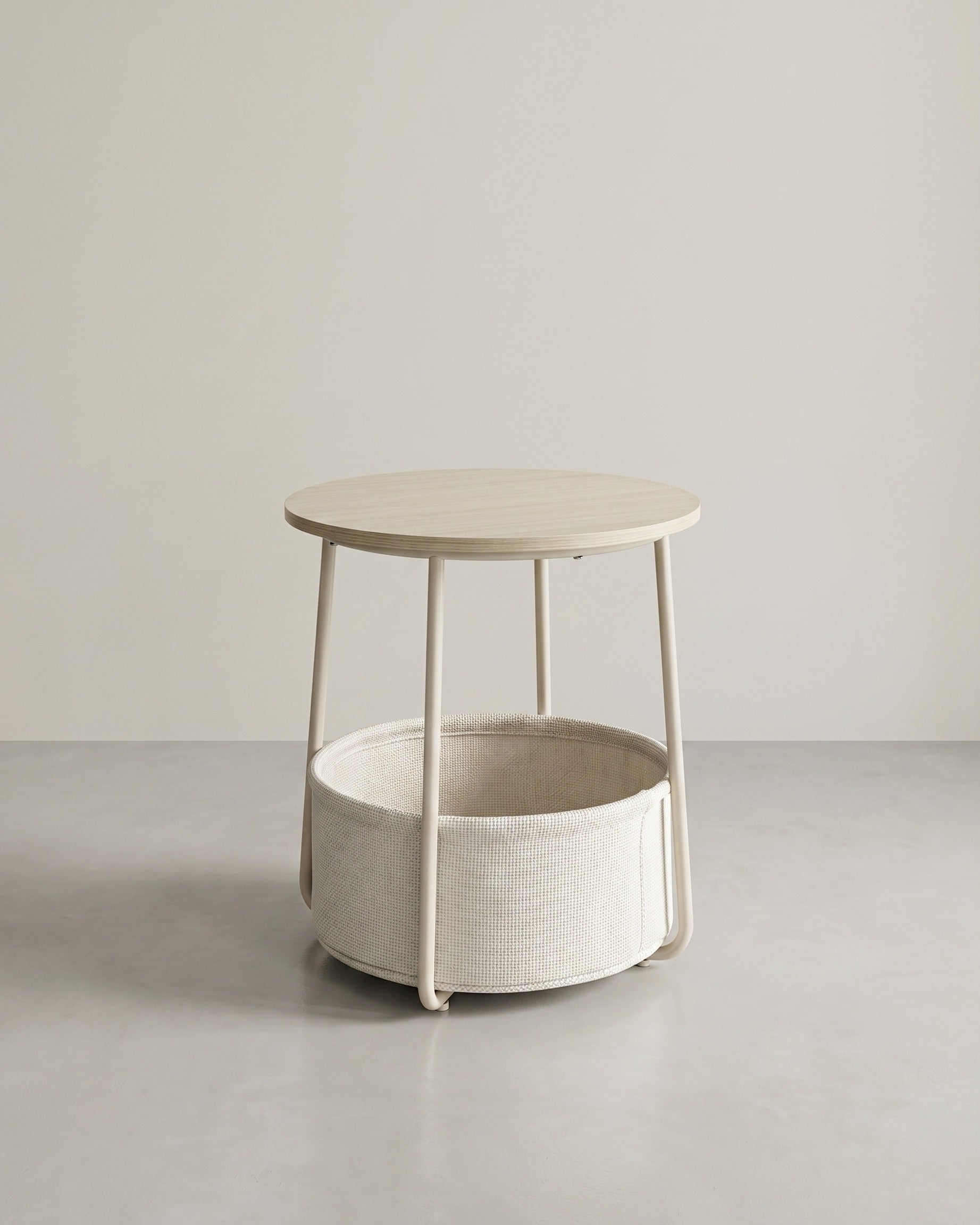 Moderner runder Beistelltisch mit Aufbewahrungskorb – Beige