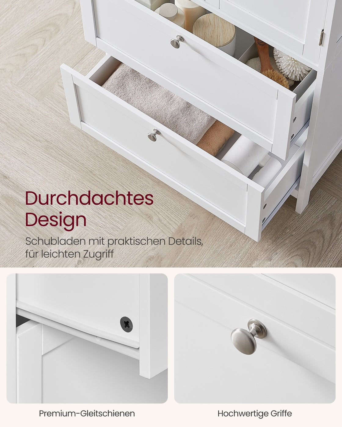 Badezimmerschränke – 30 x 60 x 110 cm – 2 Türen – 2 Schubladen – MDF – Verstellbarer Boden – 18,5 kg – Maximale Belastung 136 kg