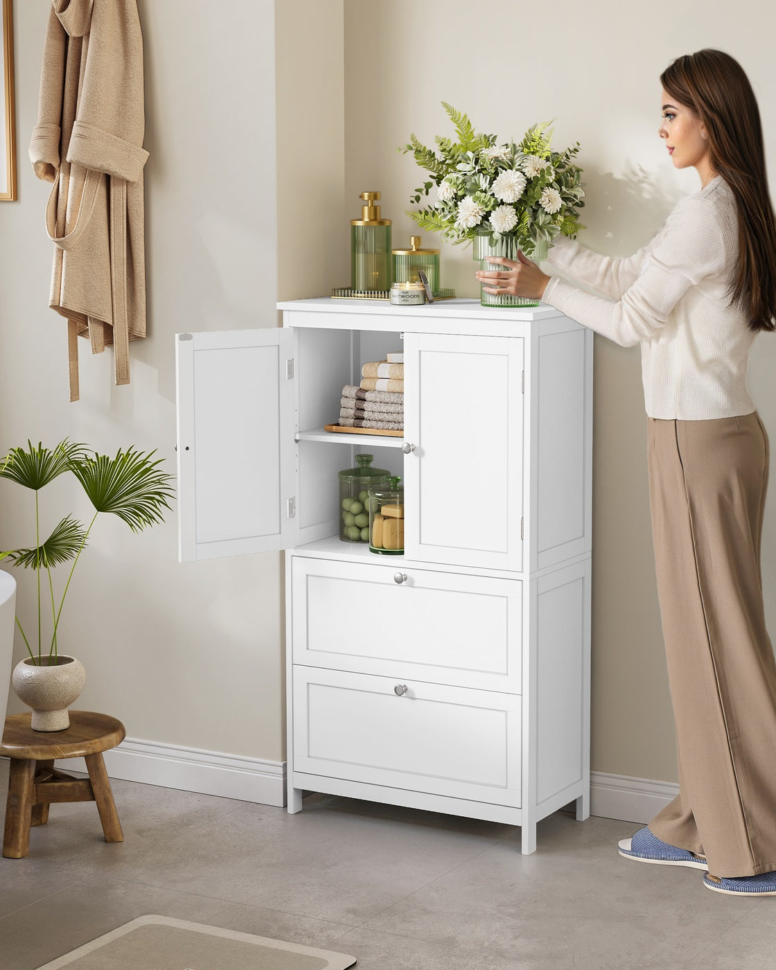 Badezimmerschränke – 30 x 60 x 110 cm – 2 Türen – 2 Schubladen – MDF – Verstellbarer Boden – 18,5 kg – Maximale Belastung 136 kg