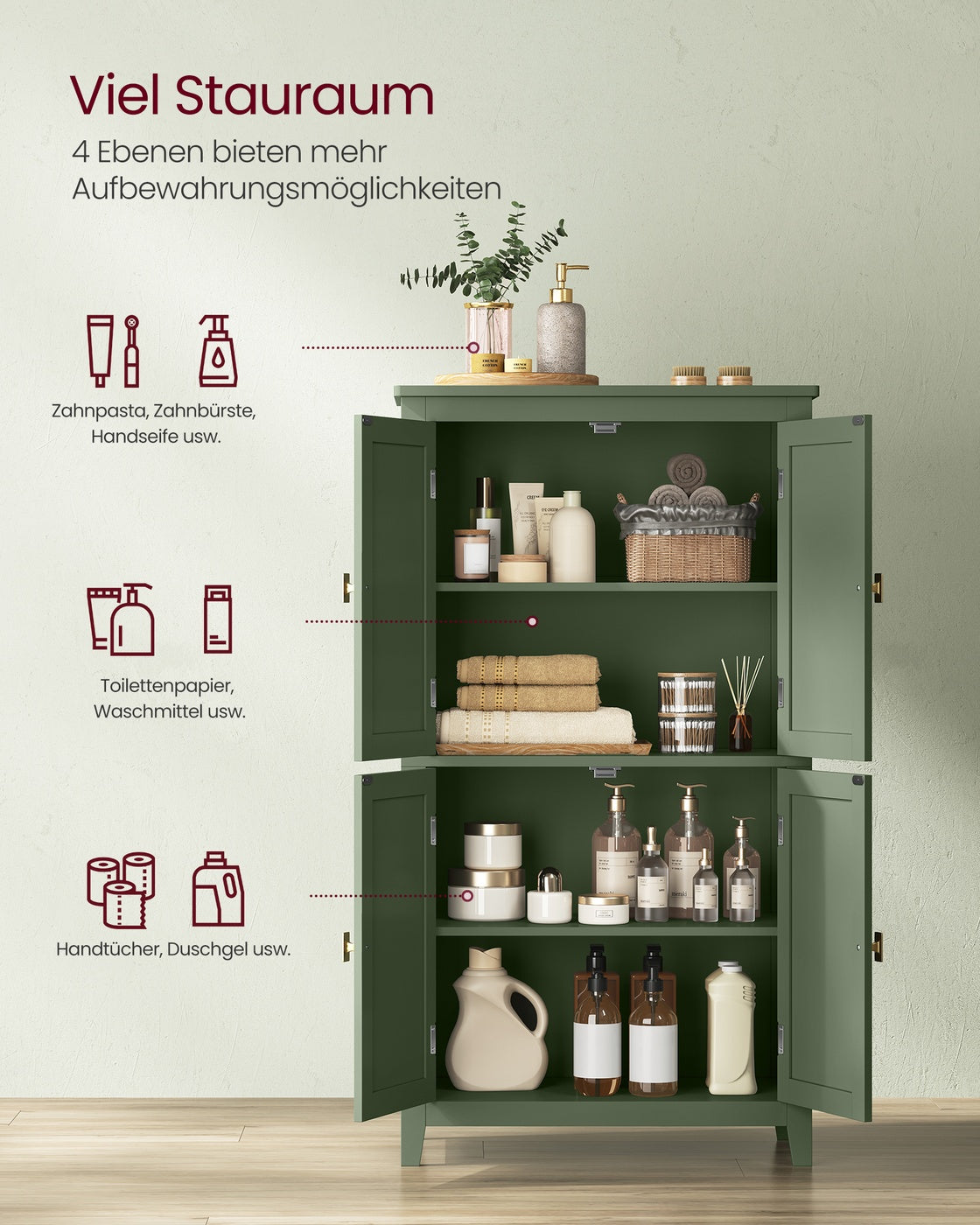 Badezimmerschrank - 4 Türen - Verstellbare Böden - Waldgrün