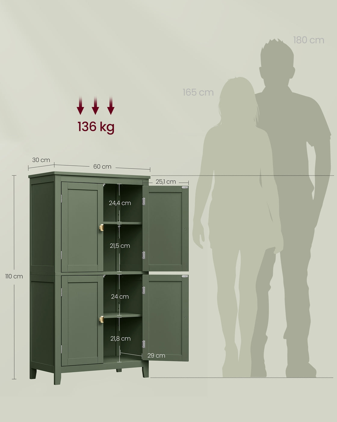 Badezimmerschrank - 4 Türen - Verstellbare Böden - Waldgrün