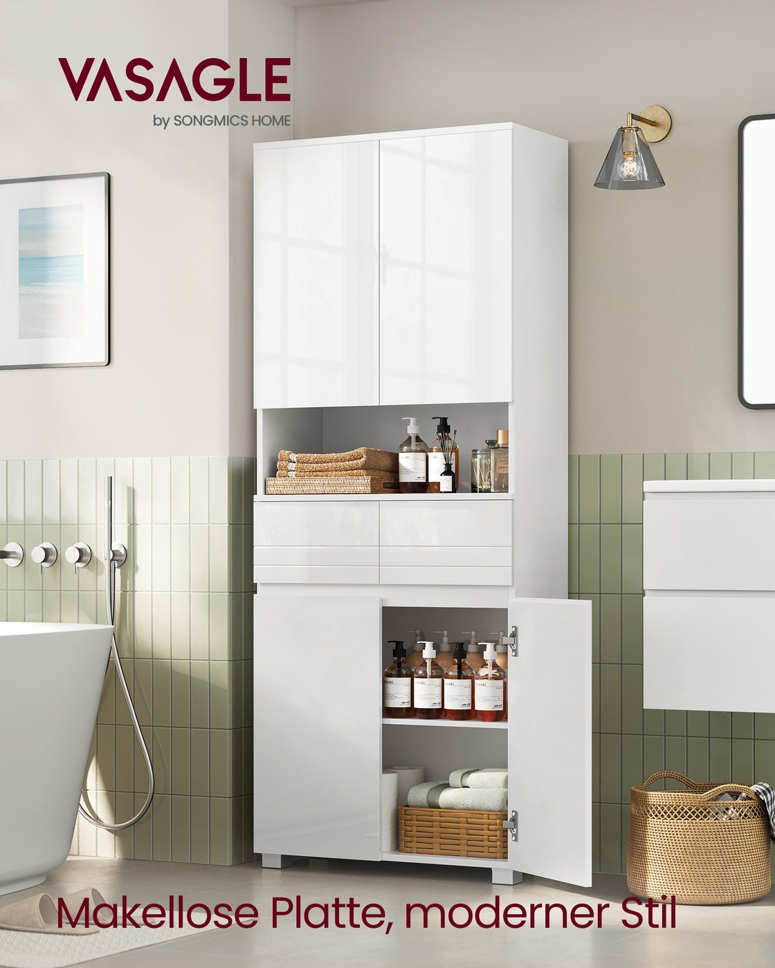 Schmaler Hoher Badezimmerschrank - Mit Glastür Und Füßen - Für Badezimmer