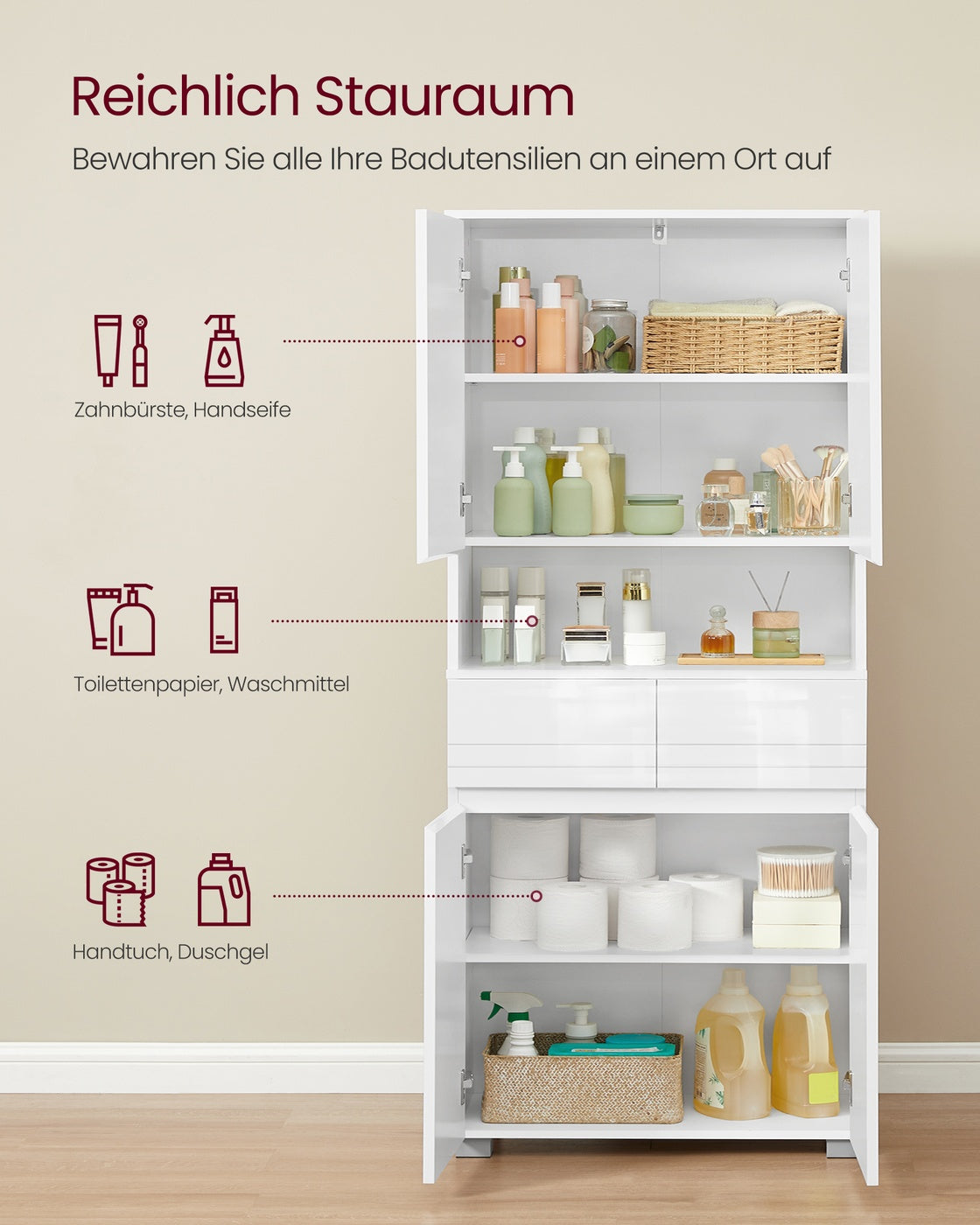Schmaler Hoher Badezimmerschrank - Mit Glastür Und Füßen - Für Badezimmer