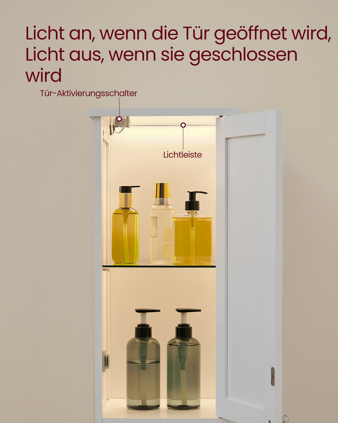 Hoher und schmaler Badezimmerschrank mit Beleuchtung – Moderner Aufbewahrungsschrank – Mit verstellbaren Regalen – 170 cm hoch – Weiß