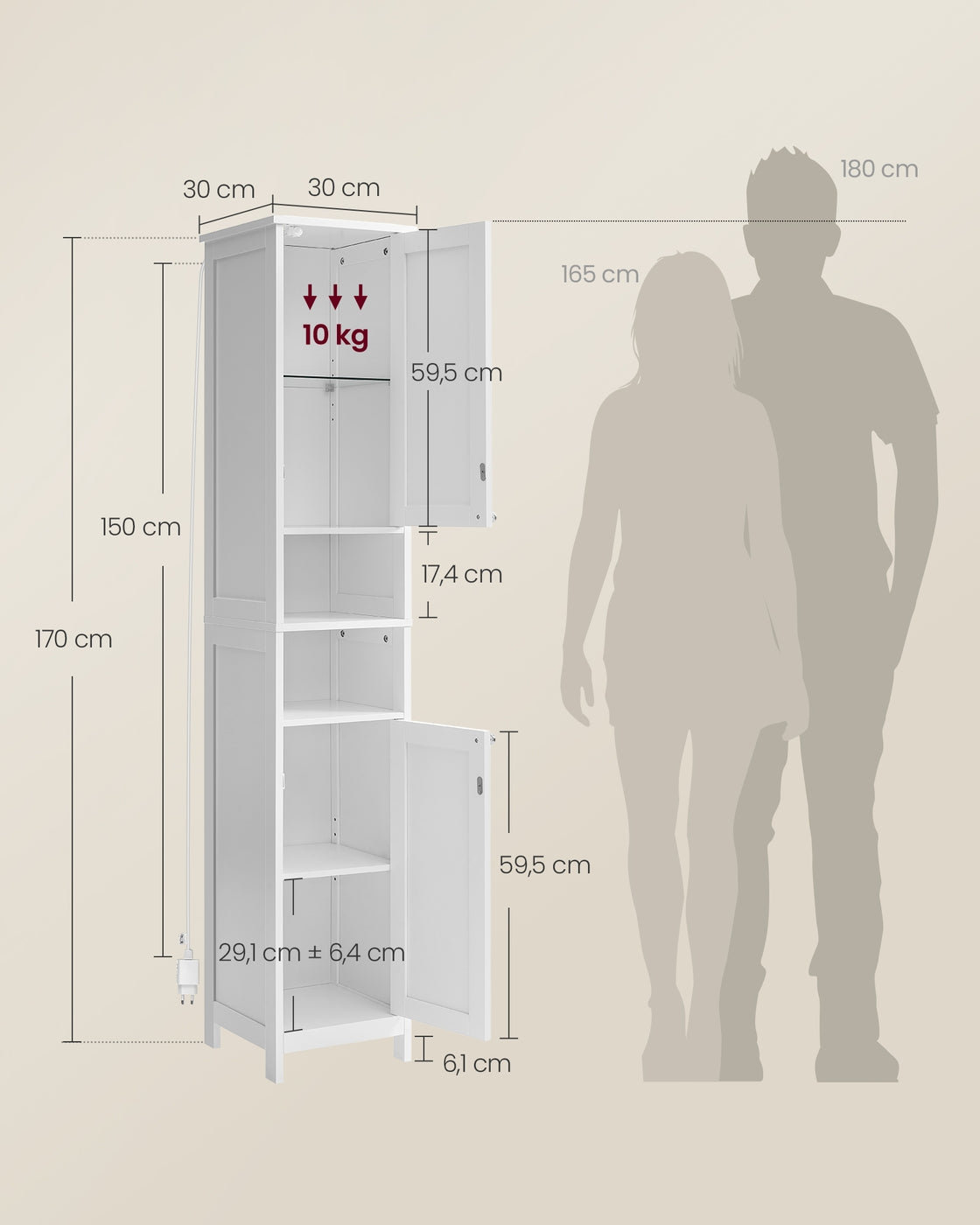 Hoher und schmaler Badezimmerschrank mit Beleuchtung – Moderner Aufbewahrungsschrank – Mit verstellbaren Regalen – 170 cm hoch – Weiß