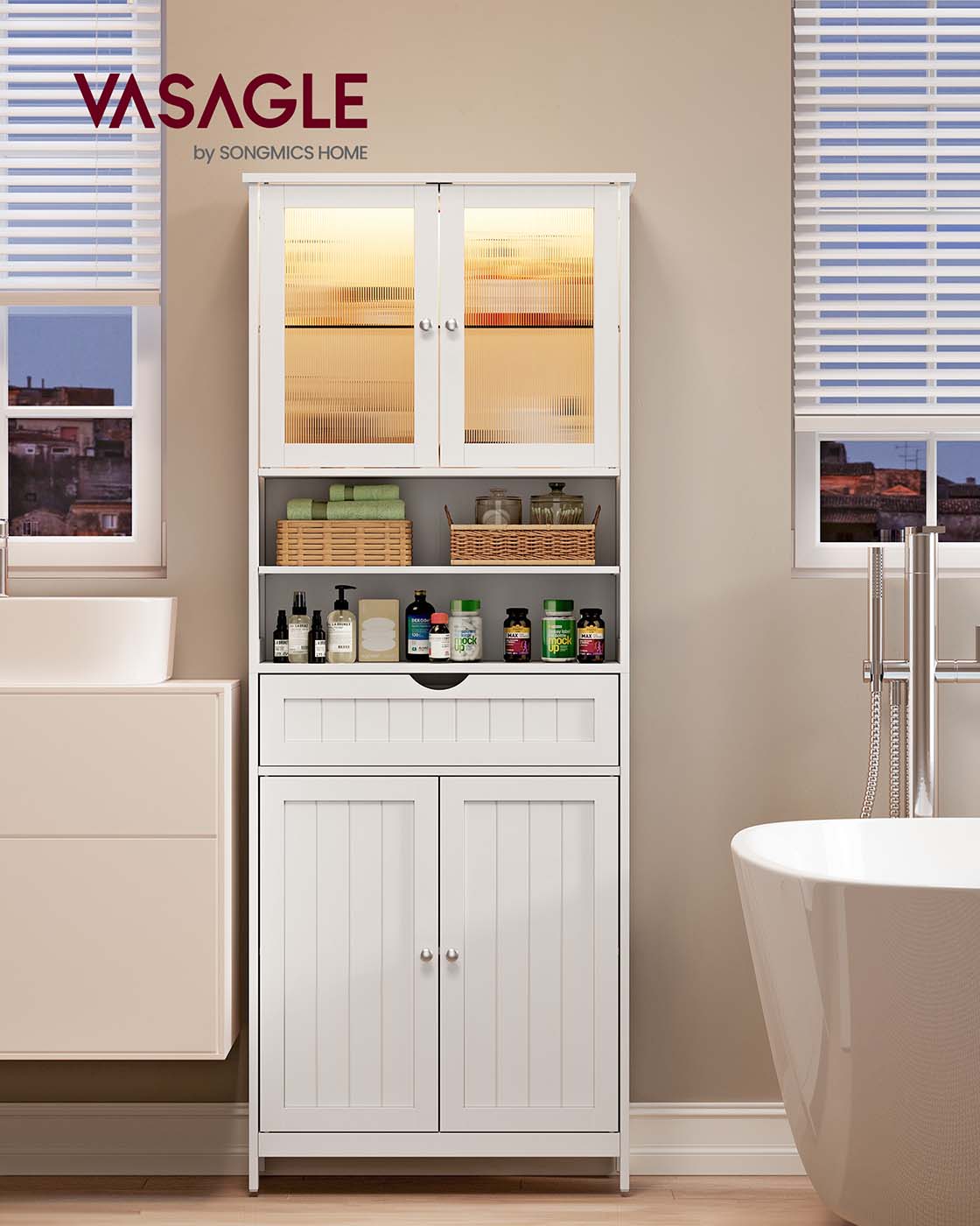 Badezimmerschrank hoch 170 cm – mit oder ohne LED-Beleuchtung – verstellbare Böden, Schublade & offene Fächer – Weiß