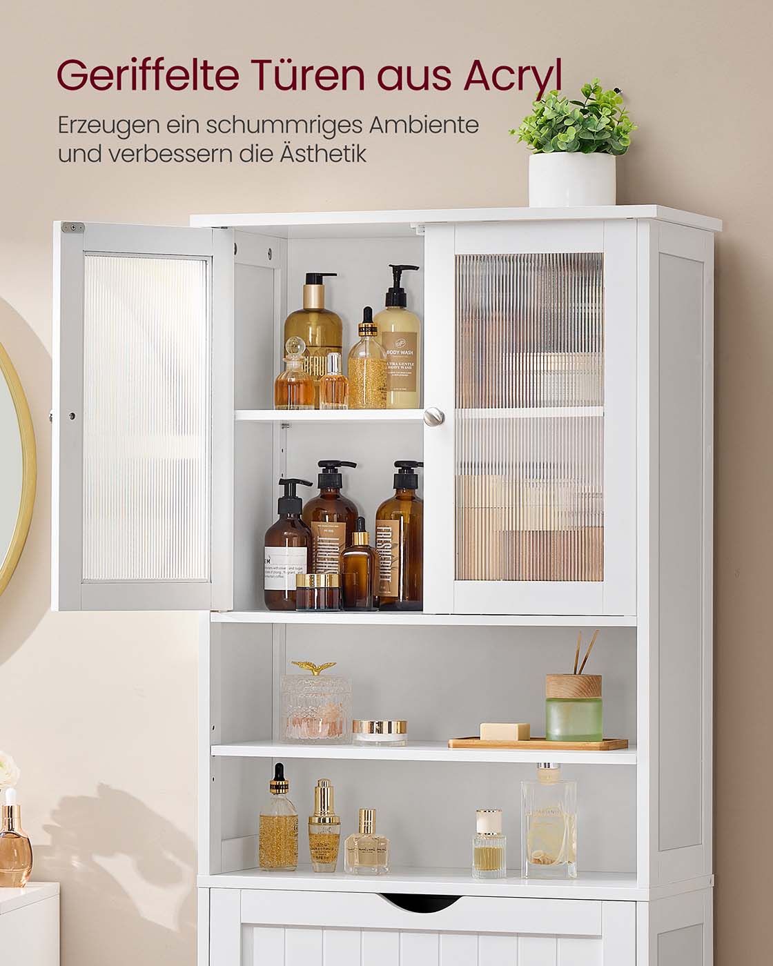 Badezimmerschrank hoch 170 cm – mit oder ohne LED-Beleuchtung – verstellbare Böden, Schublade & offene Fächer – Weiß