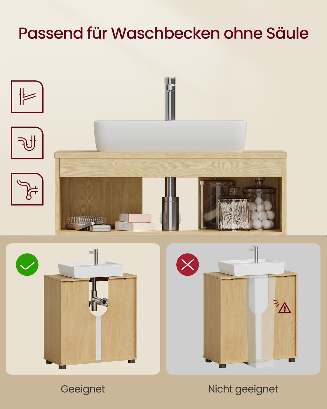 Waschtischunterschrank Mit 2 Türen - Badezimmerschrank Mit Siphonöffnung - Schmales Design