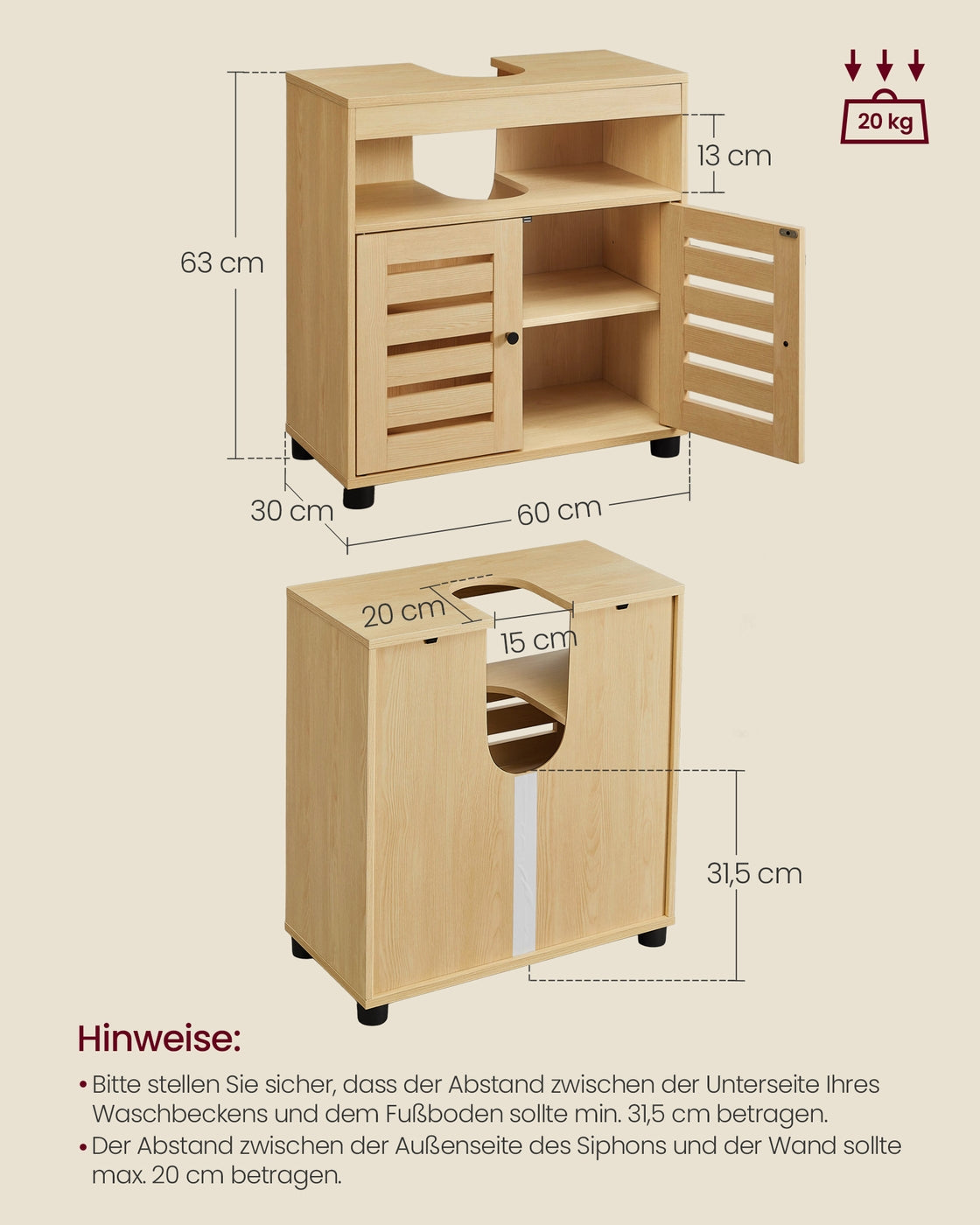 Waschtischunterschrank Mit 2 Türen - Badezimmerschrank Mit Siphonöffnung - Schmales Design