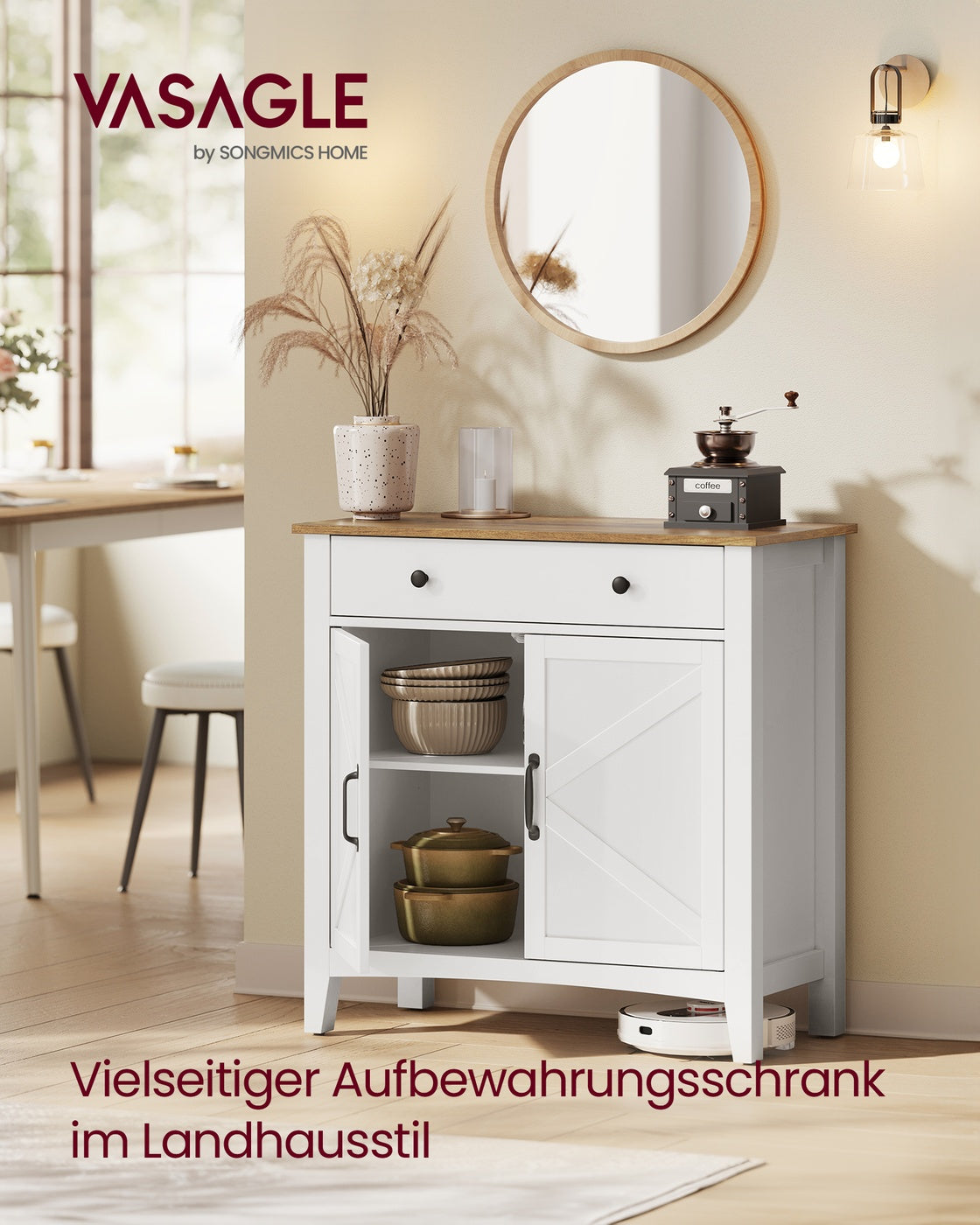 Sideboard mit Türen und Schublade - Landhausstil - Küchenschrank mit verstellbaren Regalen