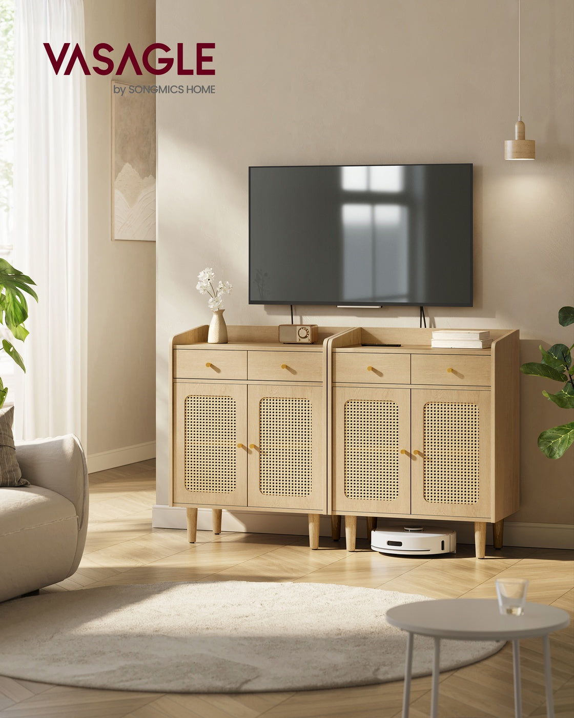 Sideboard Bohoven - Mit Rattan-Optik-Türen - Für Wohnzimmer, Flur Oder Schlafzimmer