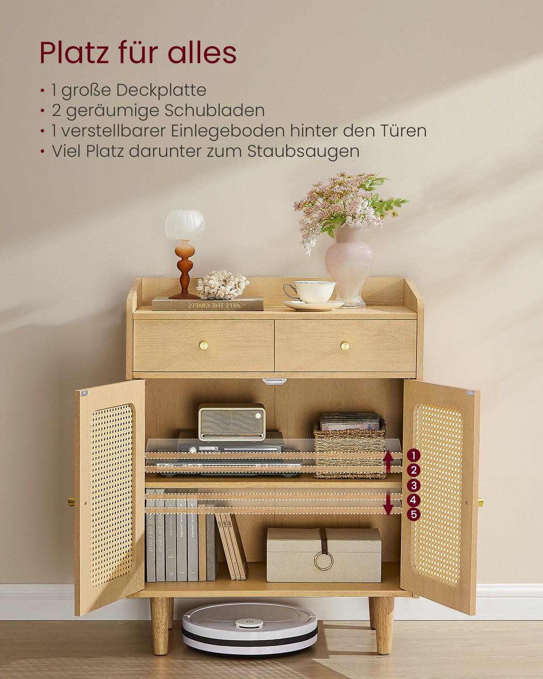 Sideboard – Stilvoller Aufbewahrungsschrank mit Rattan- und Massivholzbeinen