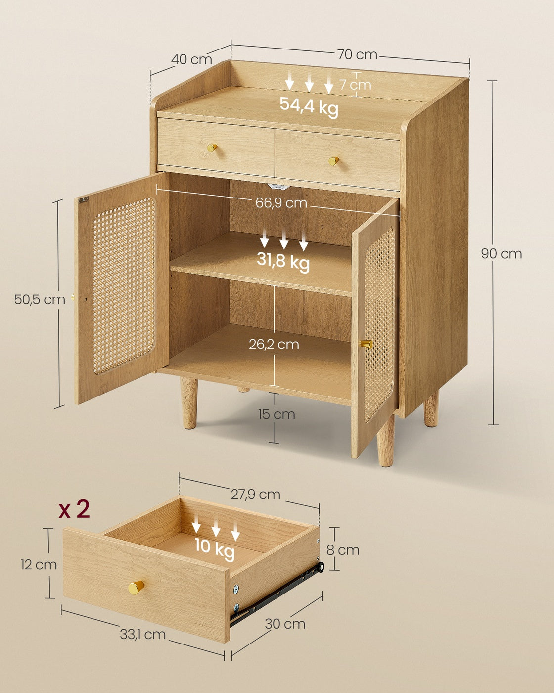 Sideboard Bohoven - Mit Rattan-Optik-Türen - Für Wohnzimmer, Flur Oder Schlafzimmer