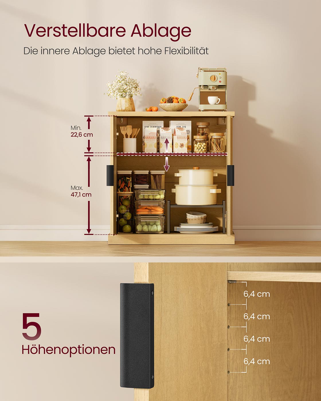 Sideboard mit geriffelten Türen – Aufbewahrungsschrank mit verstellbarem Boden – 76 cm breit – Eichenbeige