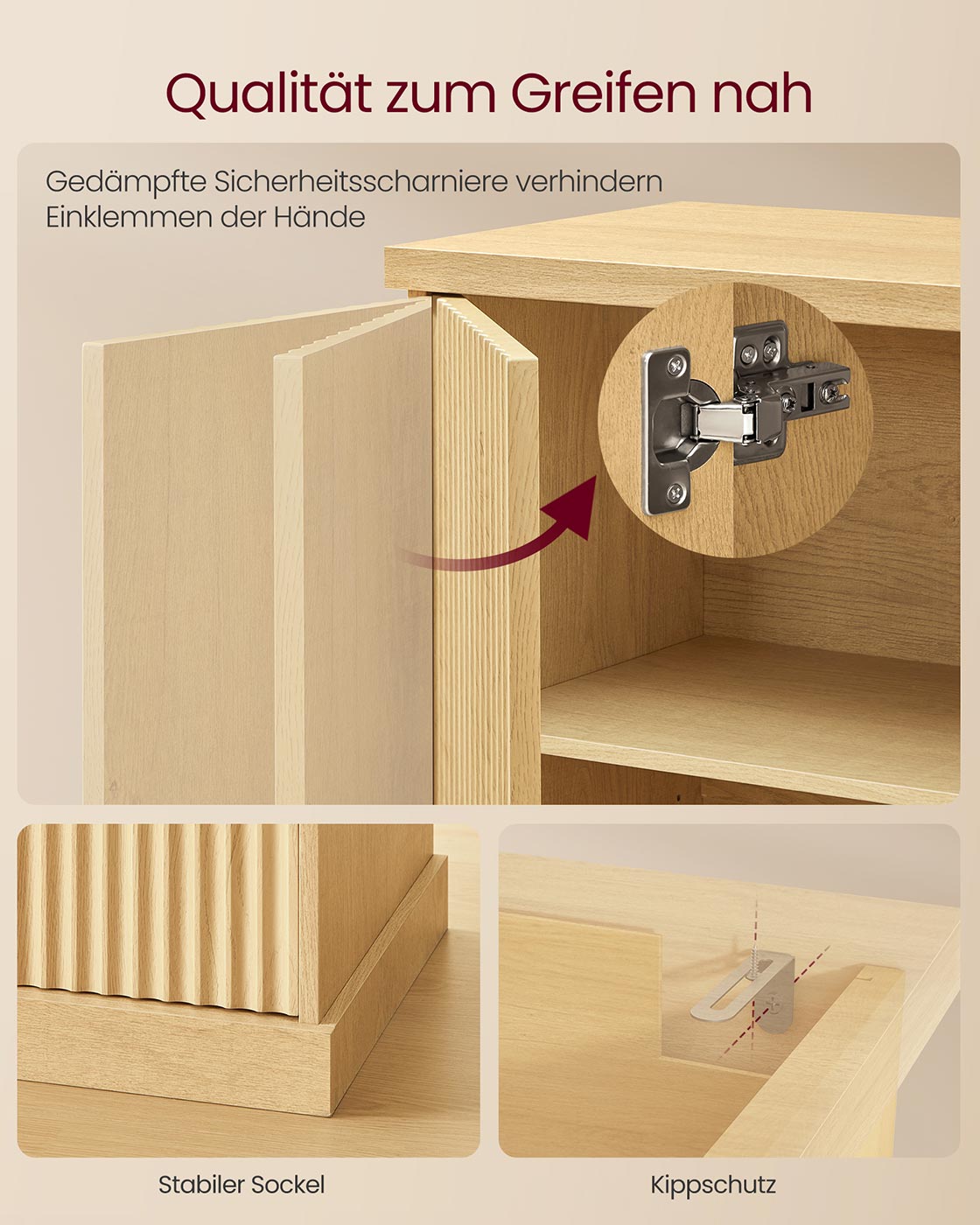 Sideboard mit geriffelten Türen – Aufbewahrungsschrank mit verstellbarem Boden – 76 cm breit – Eichenbeige