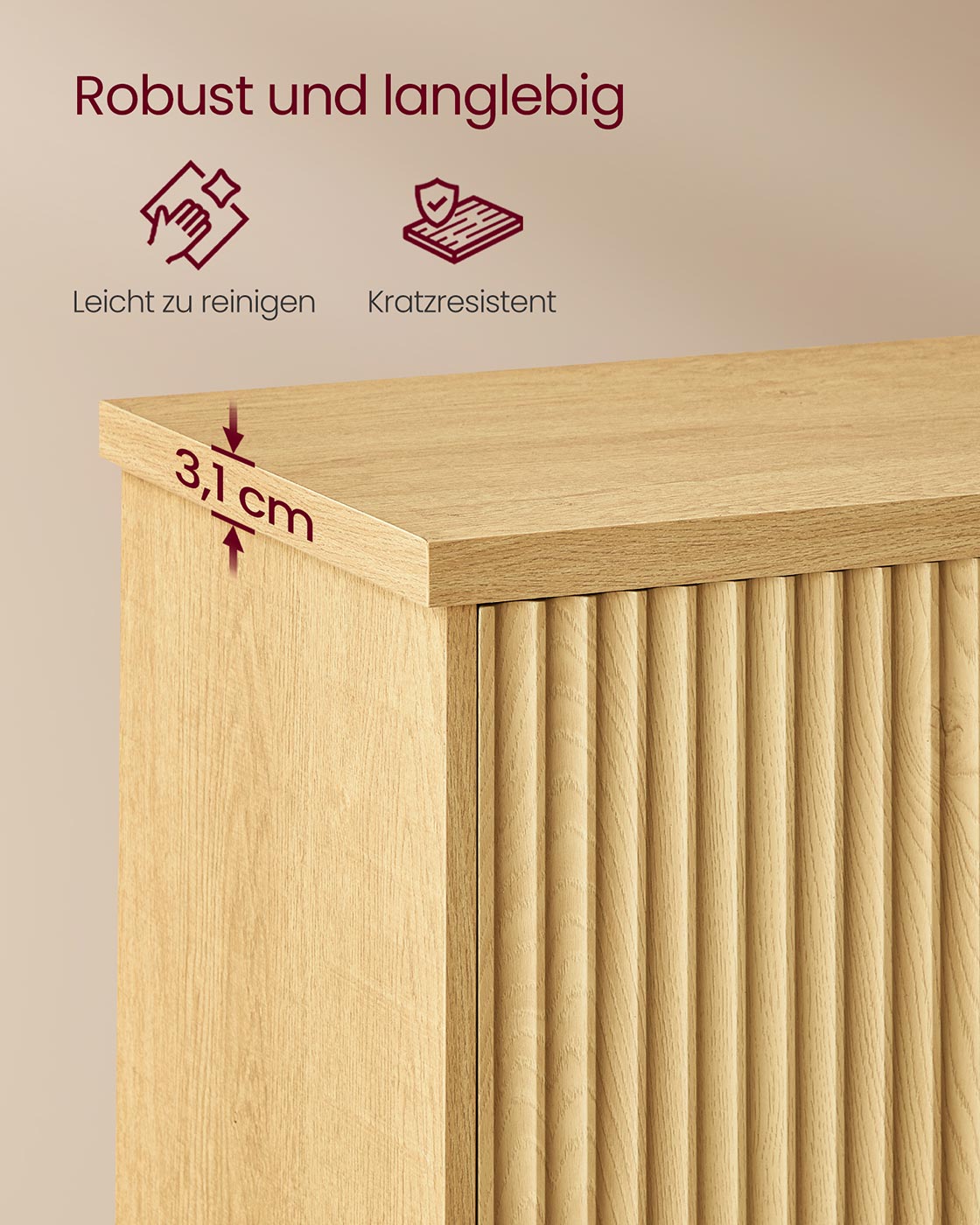 Sideboard mit geriffelten Türen – Aufbewahrungsschrank mit verstellbarem Boden – 76 cm breit – Eichenbeige