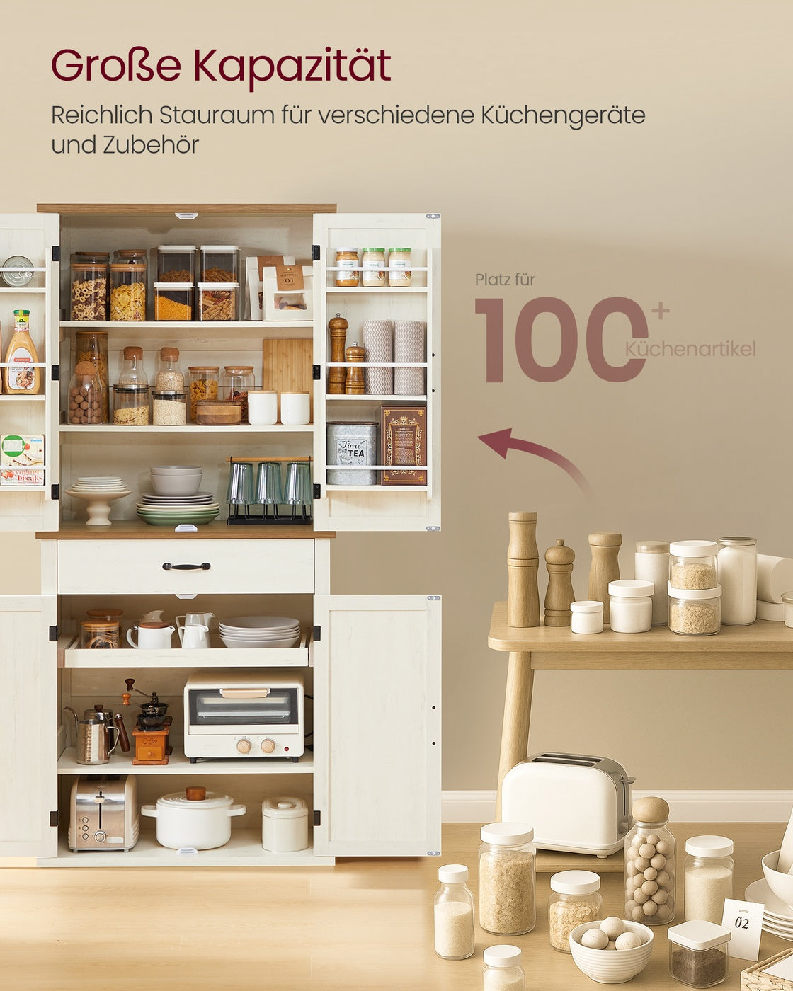 Vorratsschrank mit Schublade und Auszug – 80 cm breit – verstellbare Böden – Vintage Weiß