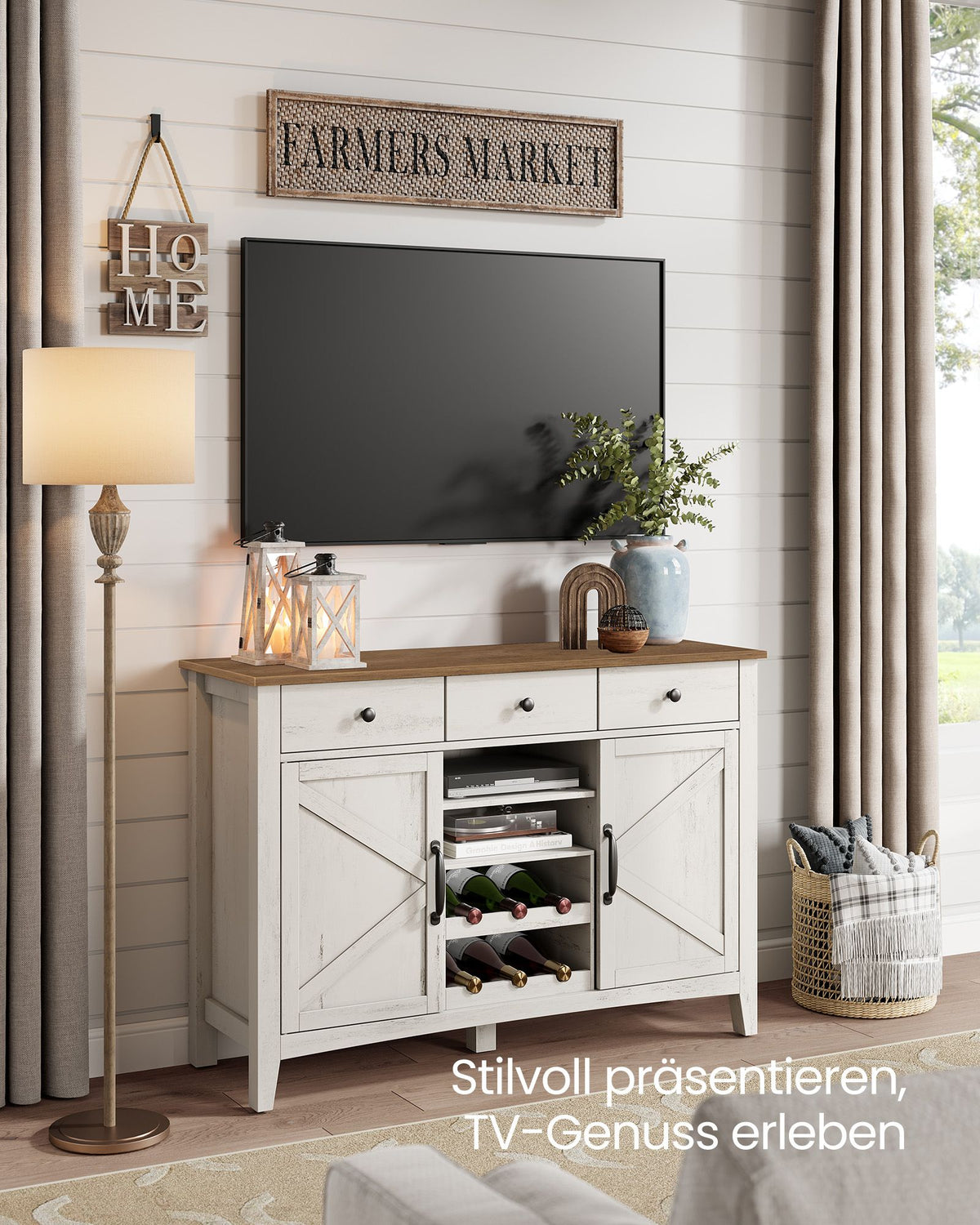 Sideboard mit Schiebetüren – Küchenschrank mit Weinregal – Landhausstil – 114,5 cm breit