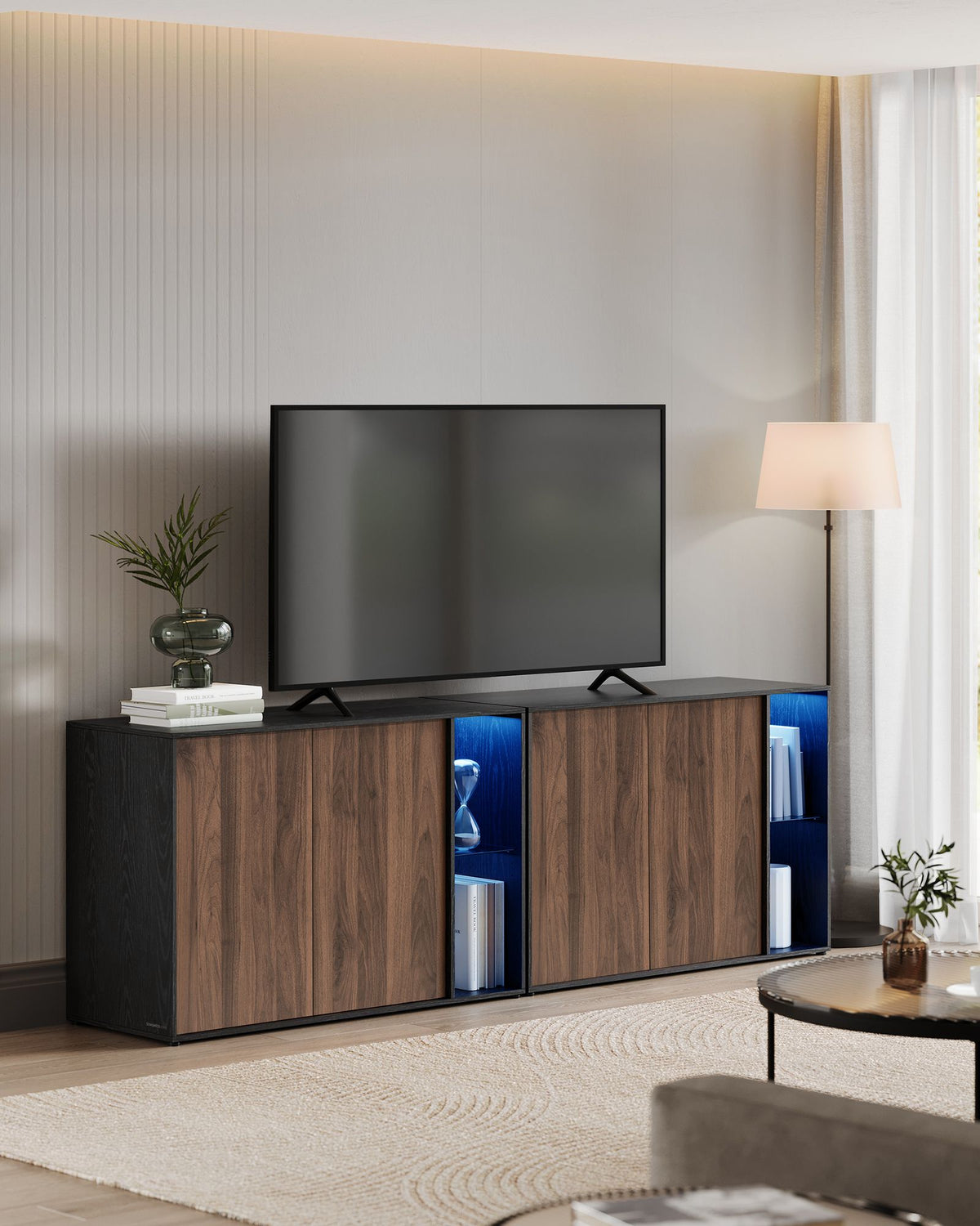 Lagerschrank mit LED-Beleuchtung - Sideboard mit offenen und geschlossenen Fächern