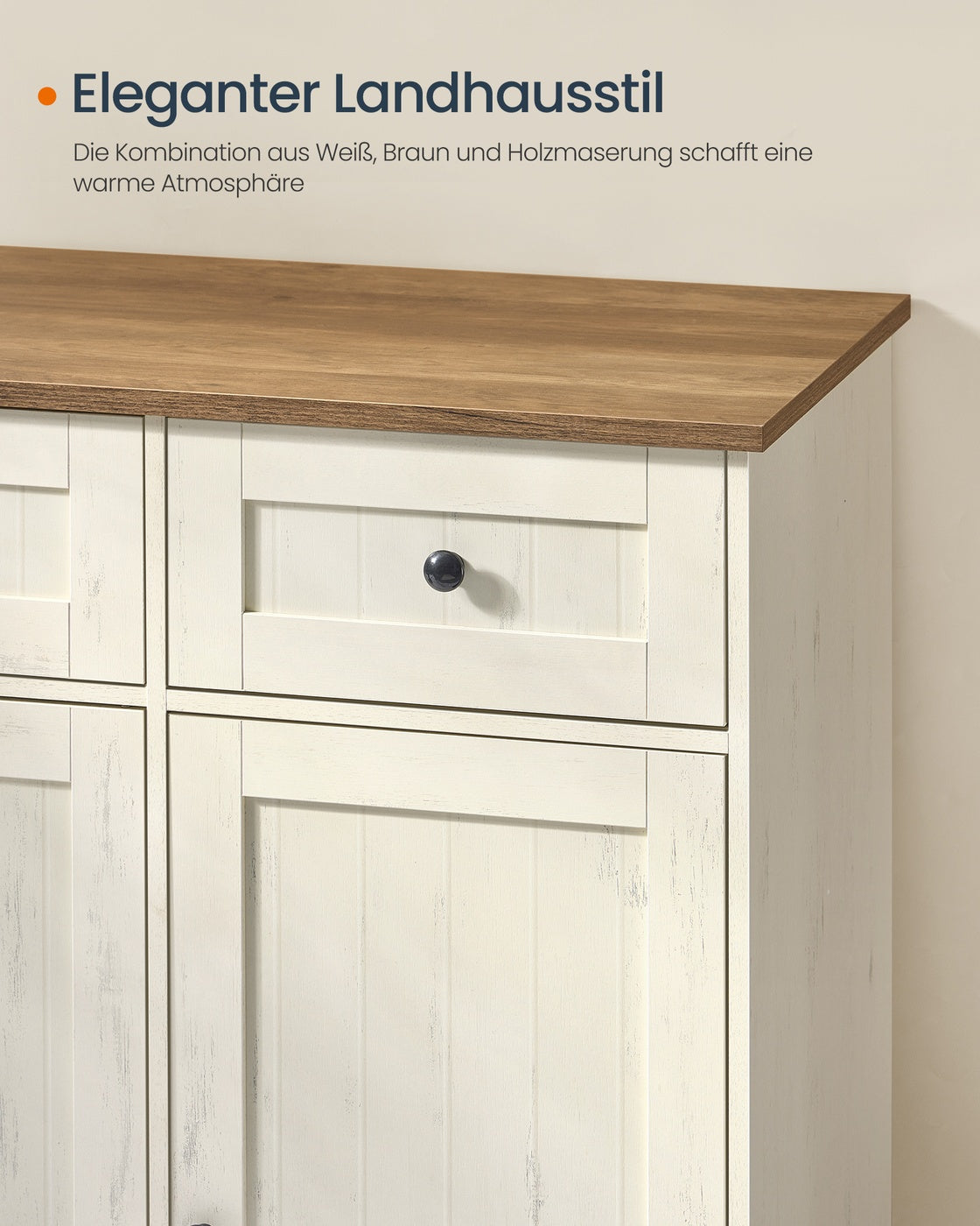 Sideboard – Küchenschrank mit Arbeitsplatte und verstellbaren Einlegeböden – Weiß und Honigbraun – Montage ohne Werkzeug