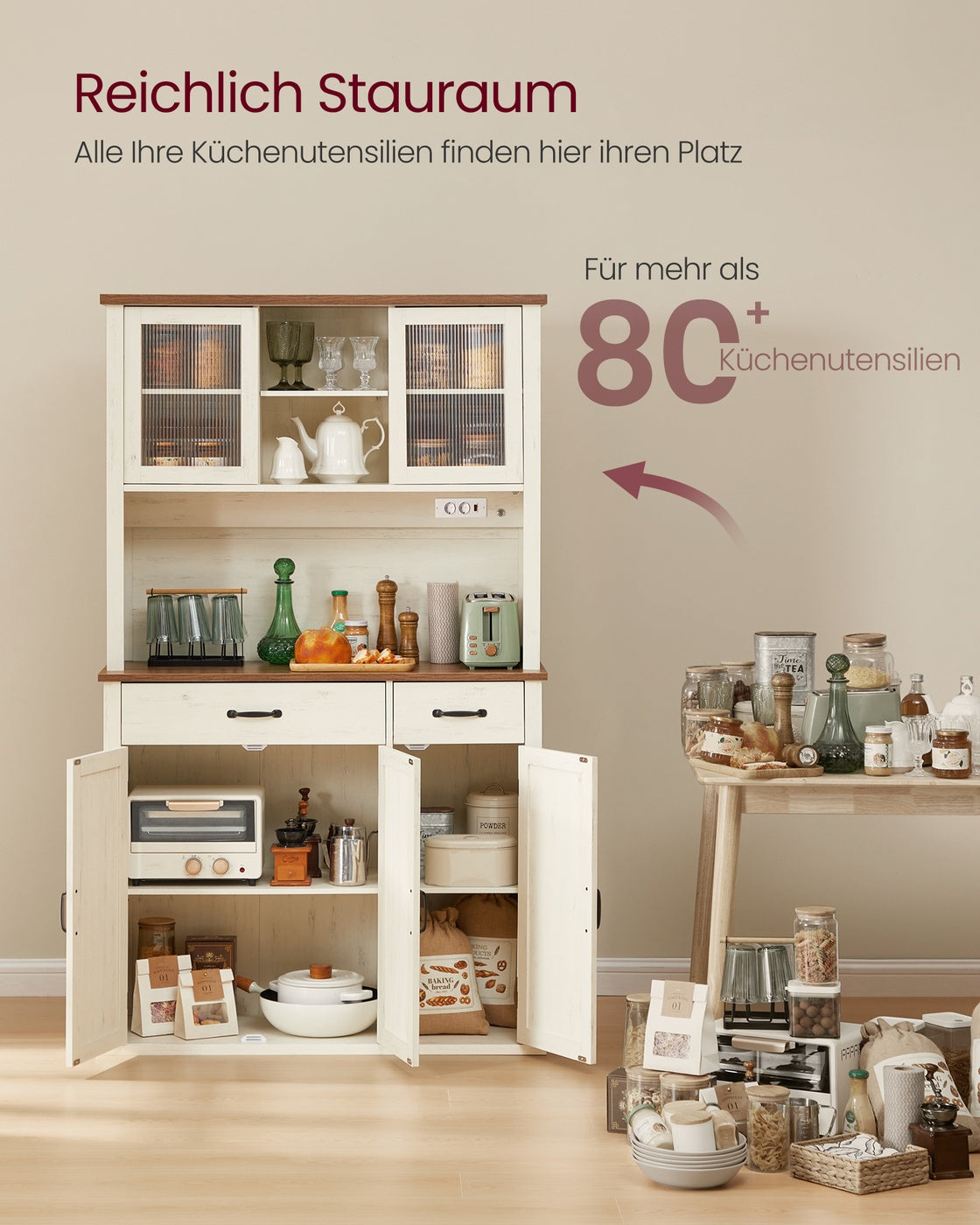 Küchenschrank mit integrierter Steckdose – Landhausstil – Schiebetüren & geräumiger Stauraum