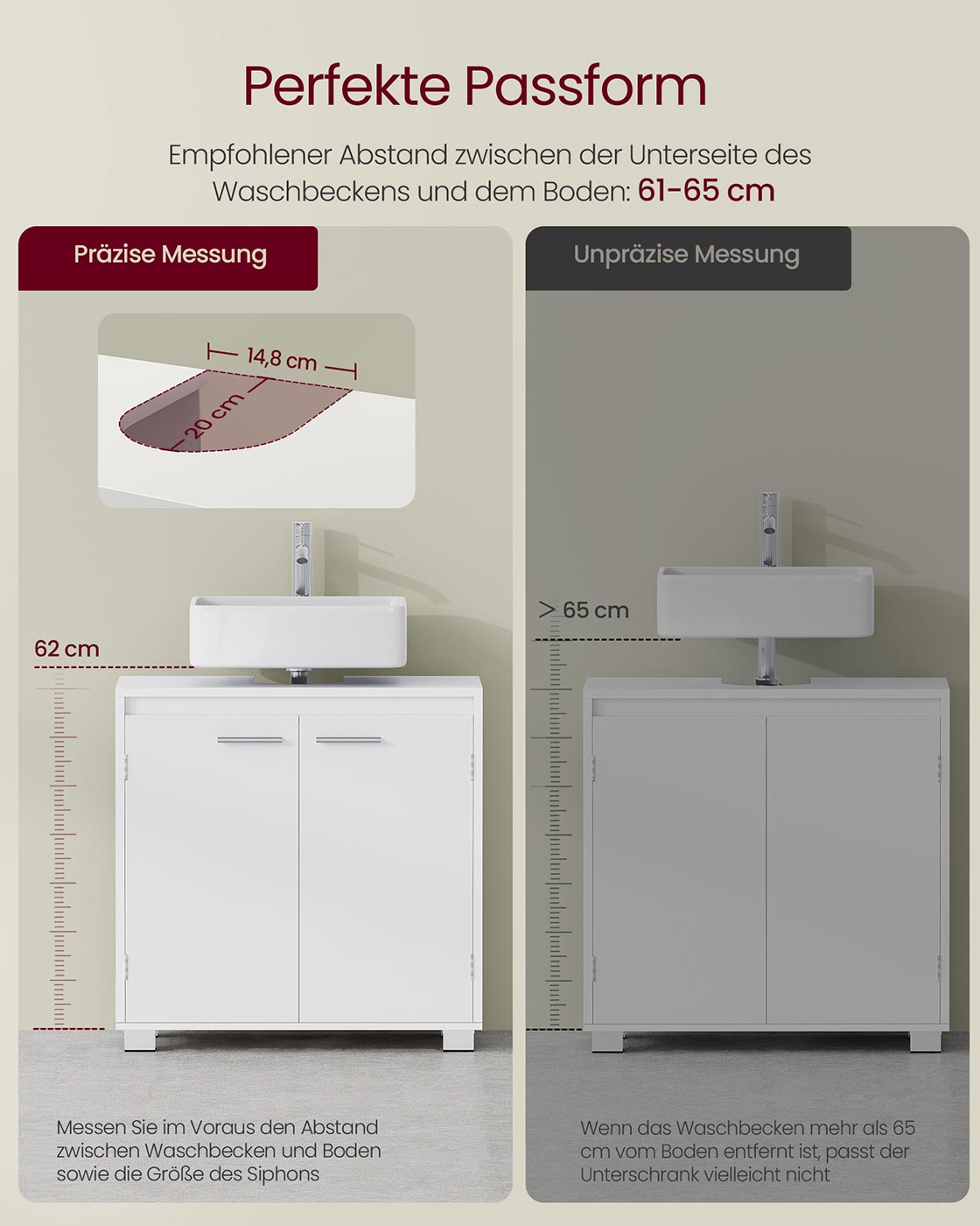 Badezimmerschrank für Waschbecken – Waschtischmöbel ohne Säule – Weiß – 60 cm