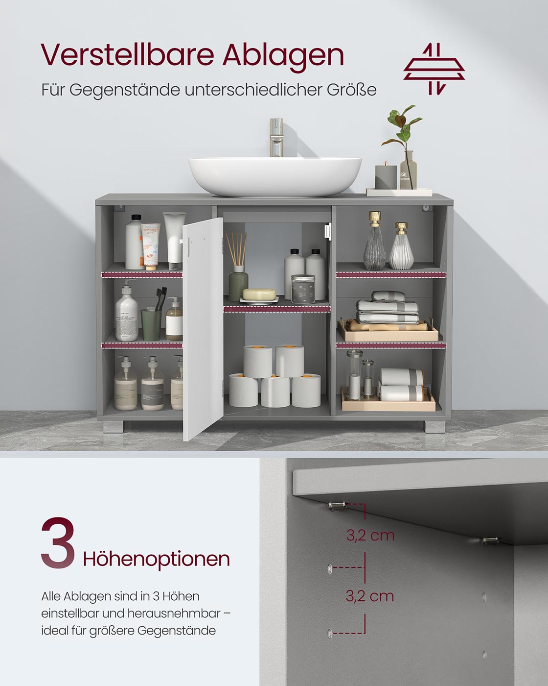 Waschtischunterschrank – Grau/Weiß – 6 offene Fächer & 2 Türfächer – Verstellbare Regale