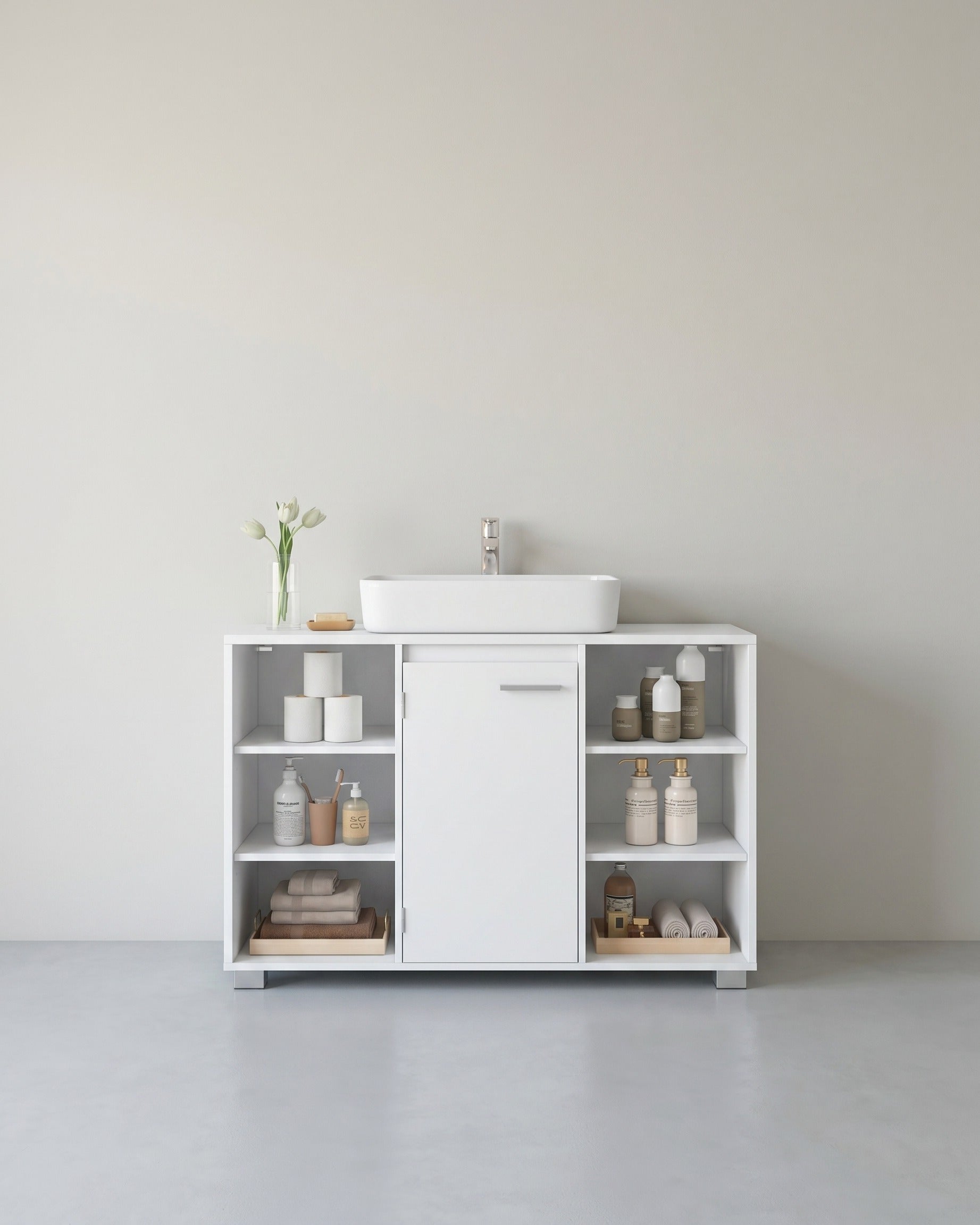 Waschtischunterschrank – Grau/Weiß – 6 offene Fächer & 2 Türfächer – Verstellbare Regale – Weiß