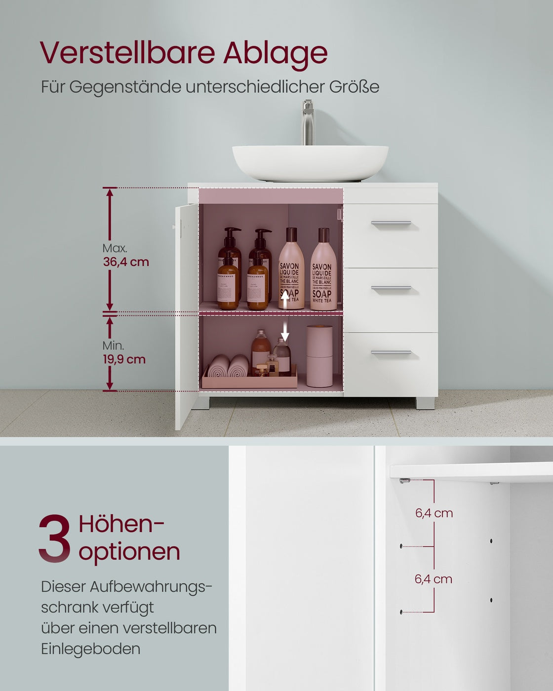 Waschtischunterschrank - 30 x 60 x 64 cm - 2 Fächer - Mit Ablage
