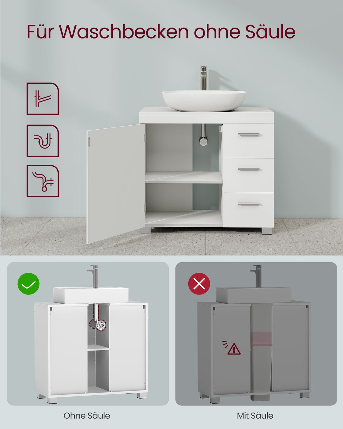 Waschtischunterschrank - 30 x 60 x 64 cm - 2 Fächer - Mit Ablage