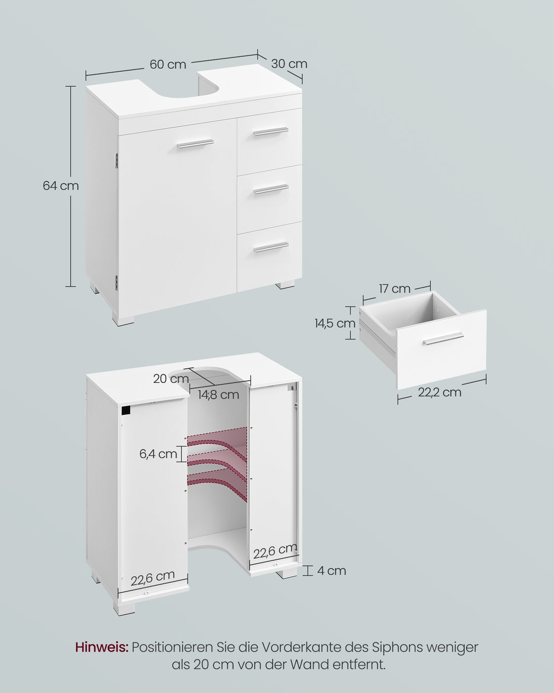 Waschtischunterschrank - 30 x 60 x 64 cm - 2 Fächer - Mit Ablage