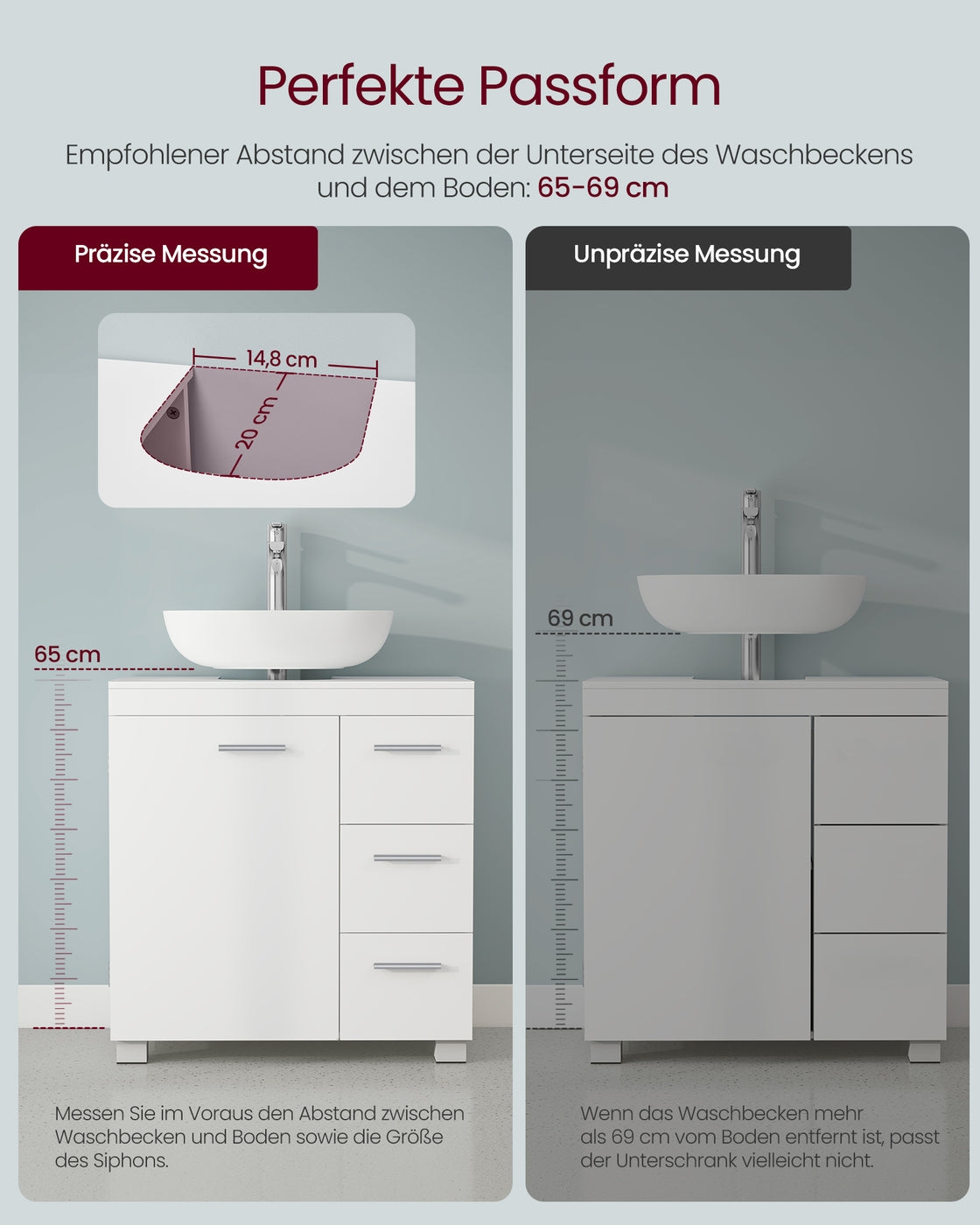 Waschtischunterschrank - 30 x 60 x 64 cm - 2 Fächer - Mit Ablage
