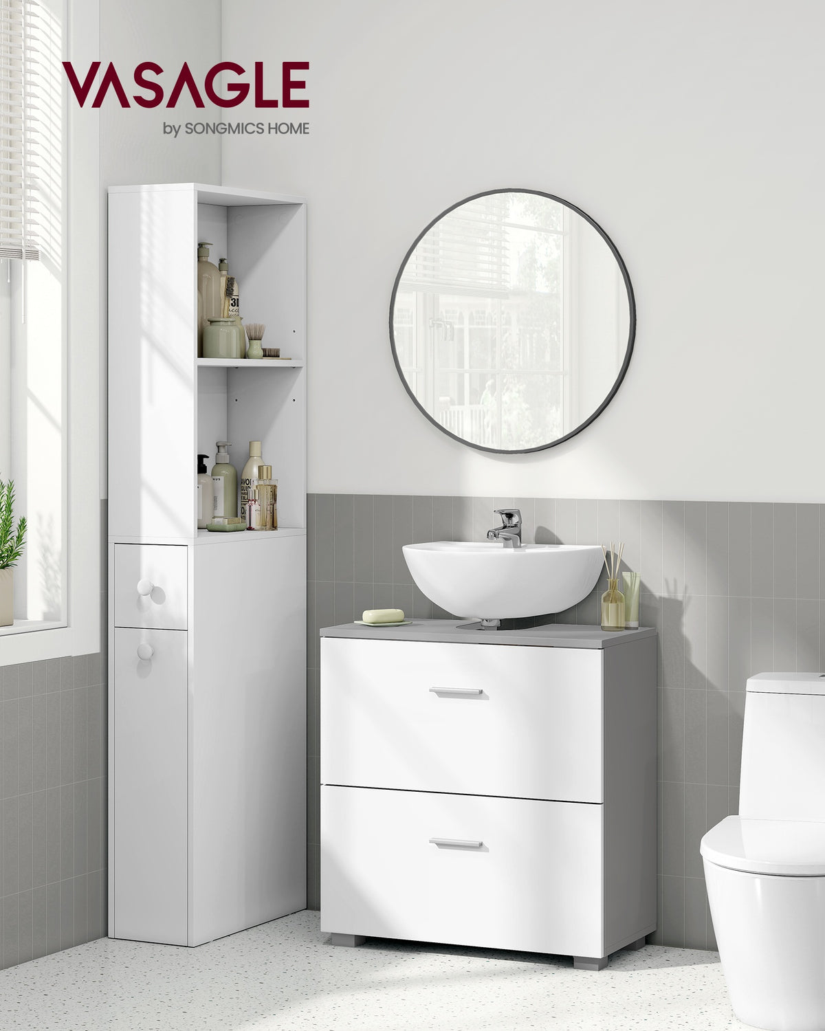 Waschtischunterschrank 60 cm, weiß – Badezimmermöbel mit 2 Schubladen und hohen Füßen – 30 x 60 x 63,8 cm