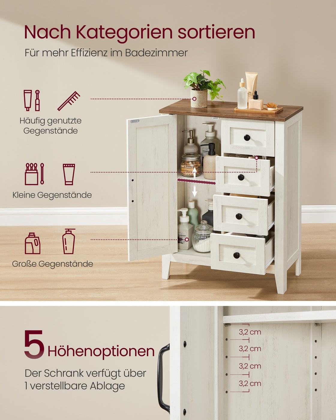 Küchenschrank – Aufbewahrungsschrank mit Schubladen – Verstellbare Böden – Landhausstil – 30 x 60 x 80 cm