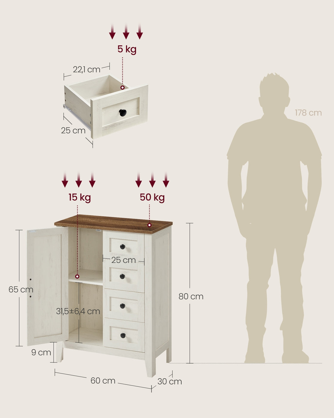Küchenschrank – Aufbewahrungsschrank mit Schubladen – Verstellbare Böden – Landhausstil – 30 x 60 x 80 cm